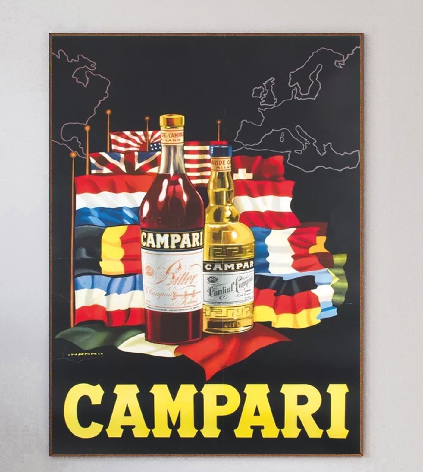 Campari was formed in 1860 by Gaspare Campari and the aperitif is as popular today as ever. His son, Davide Campari transformed the company in 1926 into what it is widely known for today. This gorgeous lithographic poster was created in 1950 with