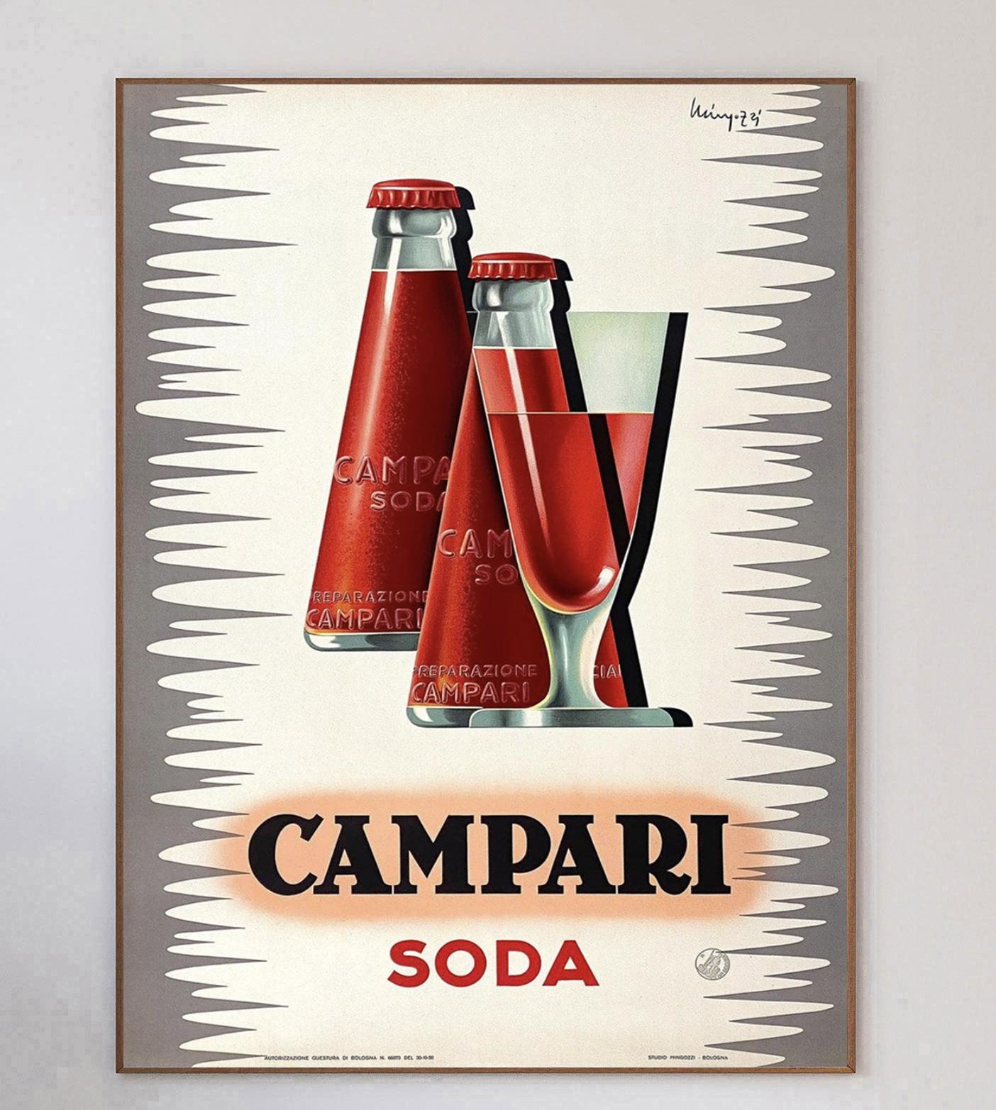 Stunning poster designed by Italian artist Giovanni Mingozzi for Campari Soda, created in 1950. This gorgeous and vibrant piece depicts the Campari Soda bottle designed by Futurist artist Fortunato Depero. 

Iconic Italian liqueur brand Campari