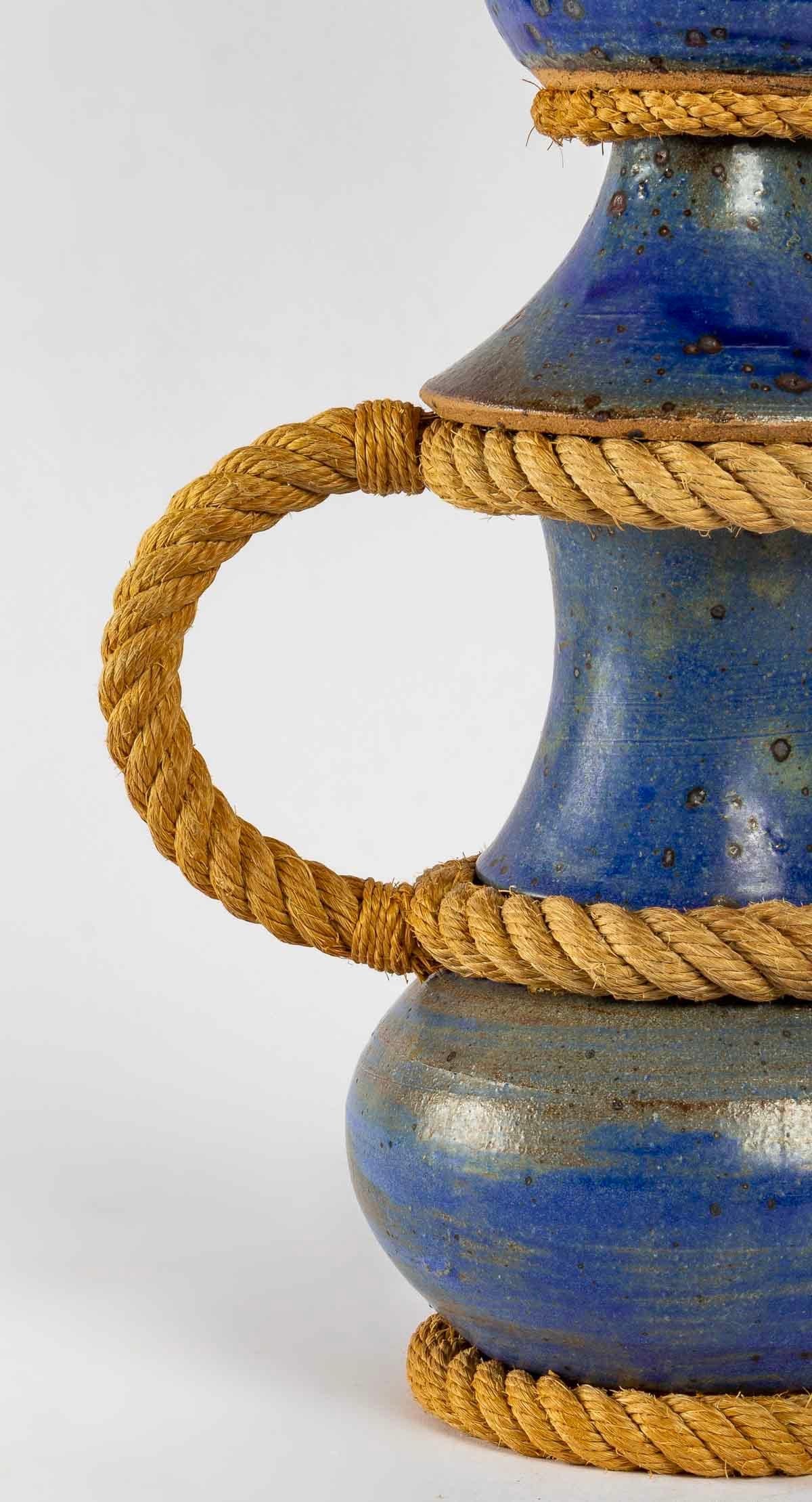 French 1950 Ceramic Lamp Dressed with Rope Made by Audoux Minet