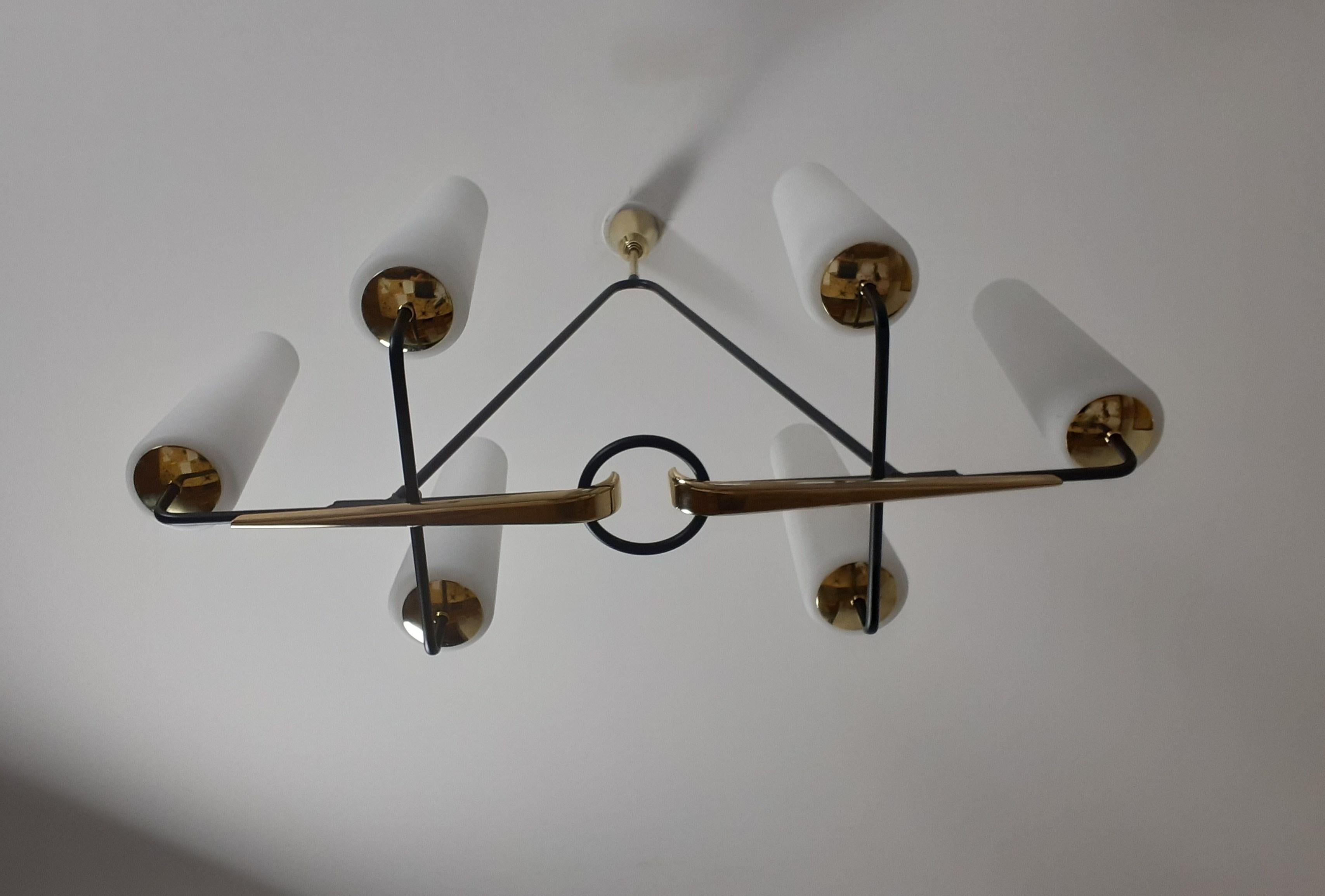 Metal 1950 Chandelier Six Arms of Lights Maison Lunel