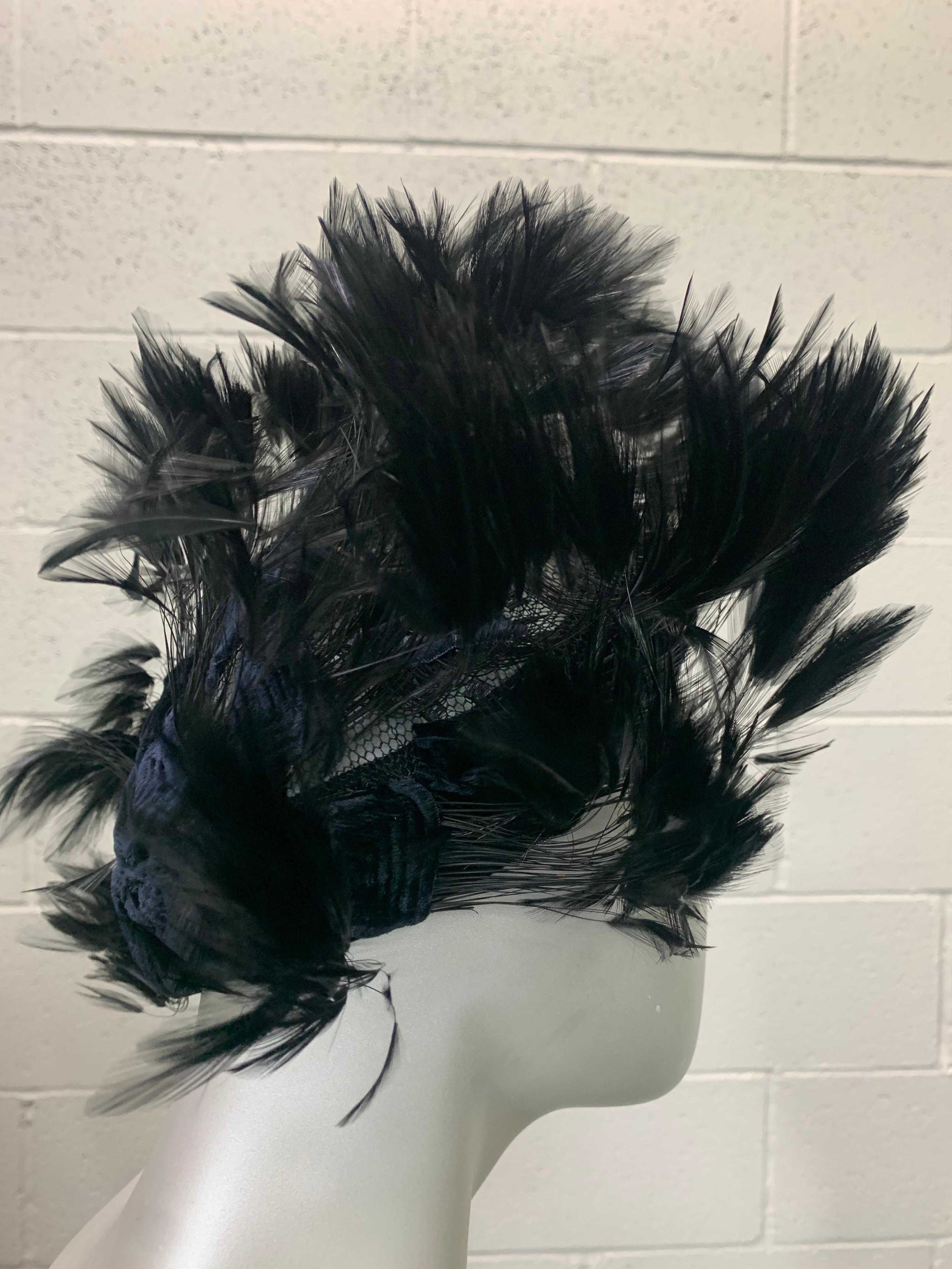 Women's 1950 Christian Dior Chapeaux Black Feather Turban W/ Velvet Applique Details For Sale