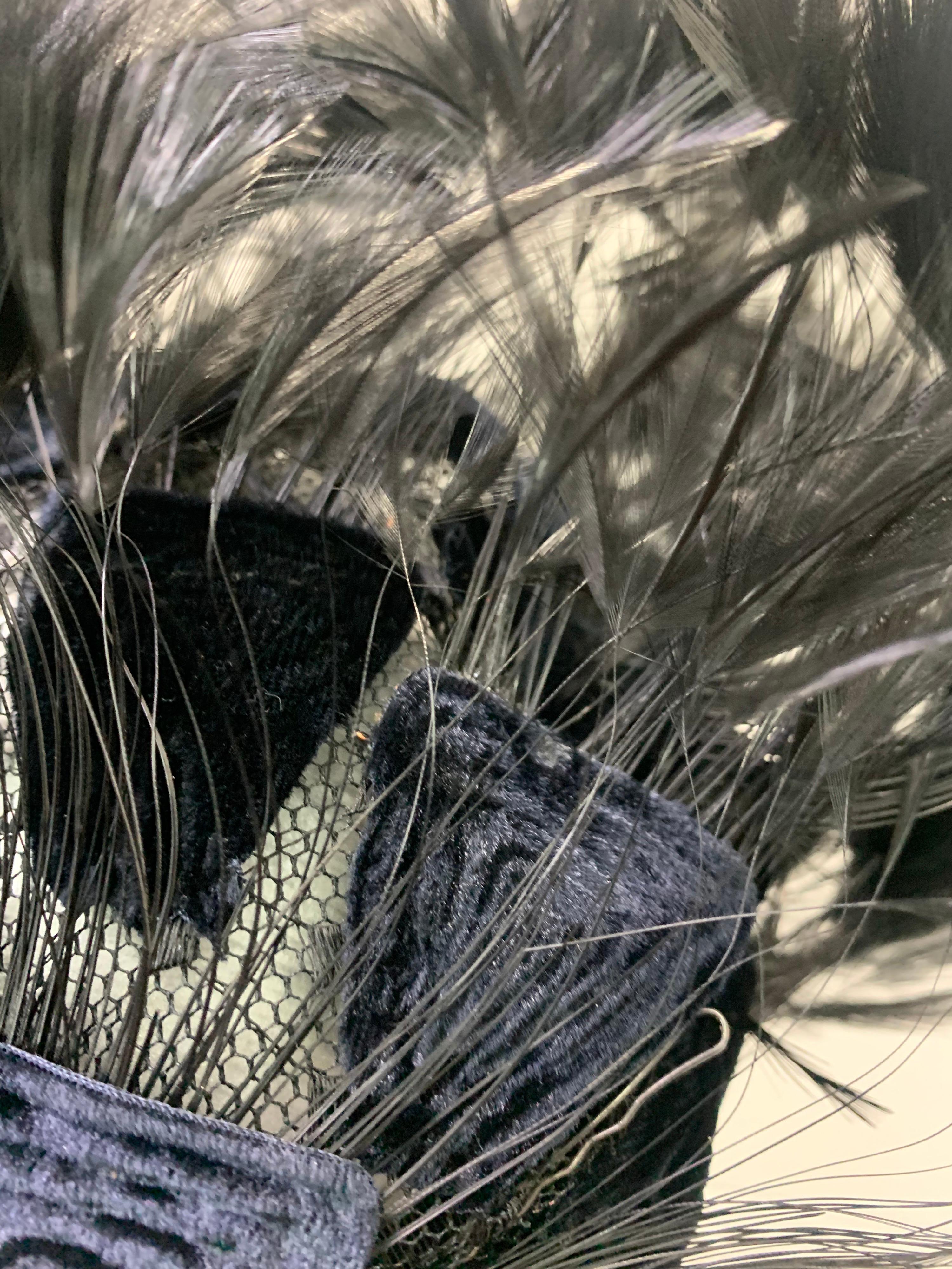 1950 Christian Dior Chapeaux Black Feather Turban W/ Velvet Applique Details For Sale 1