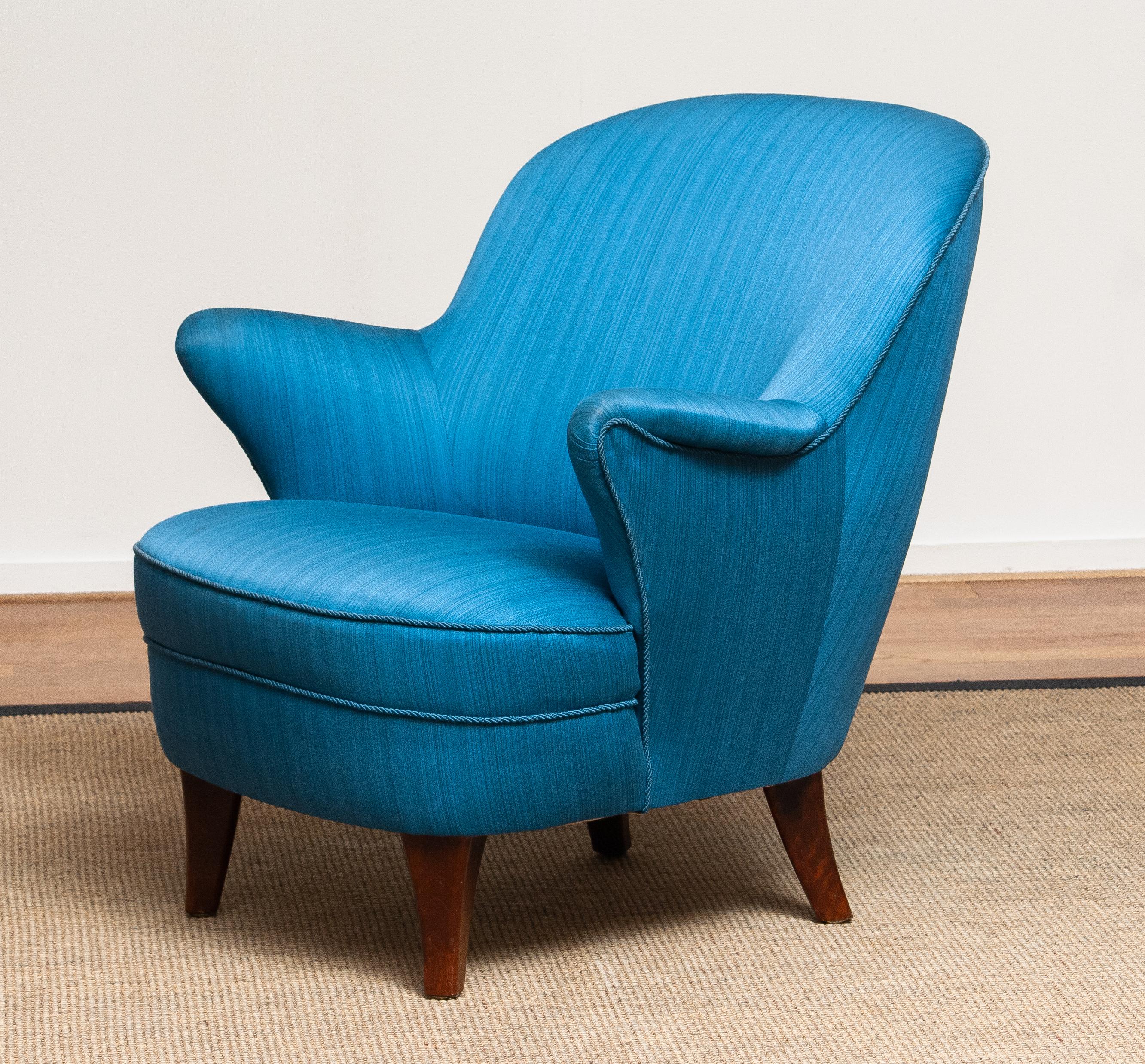 Danish 1950 Club / Lounge / Easy Chair in the Manner of Kurt Olsen in Petrol Fabric, 2
