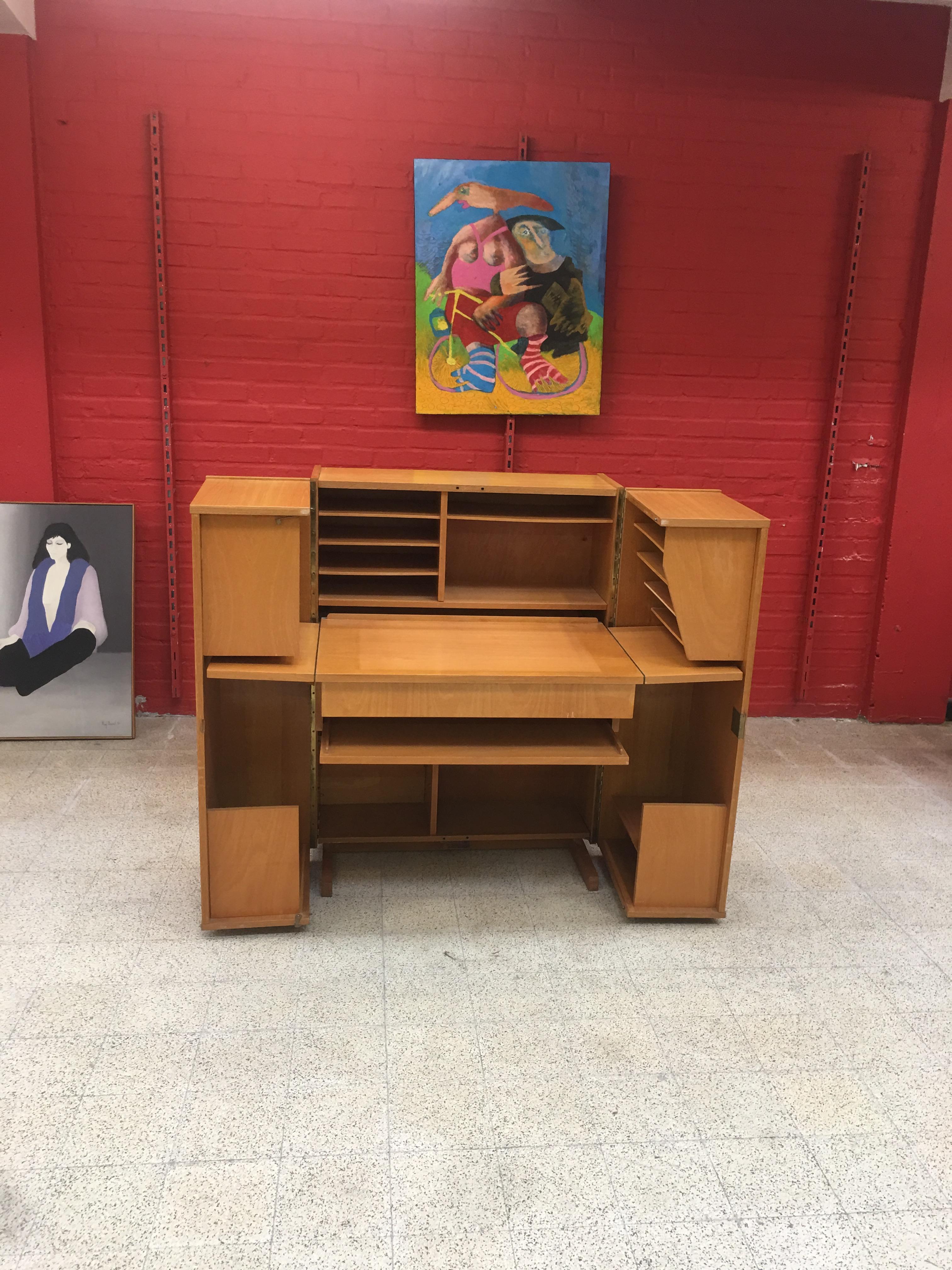 European 1950 Compact Home Office Desk in Oak and Blond Wood For Sale