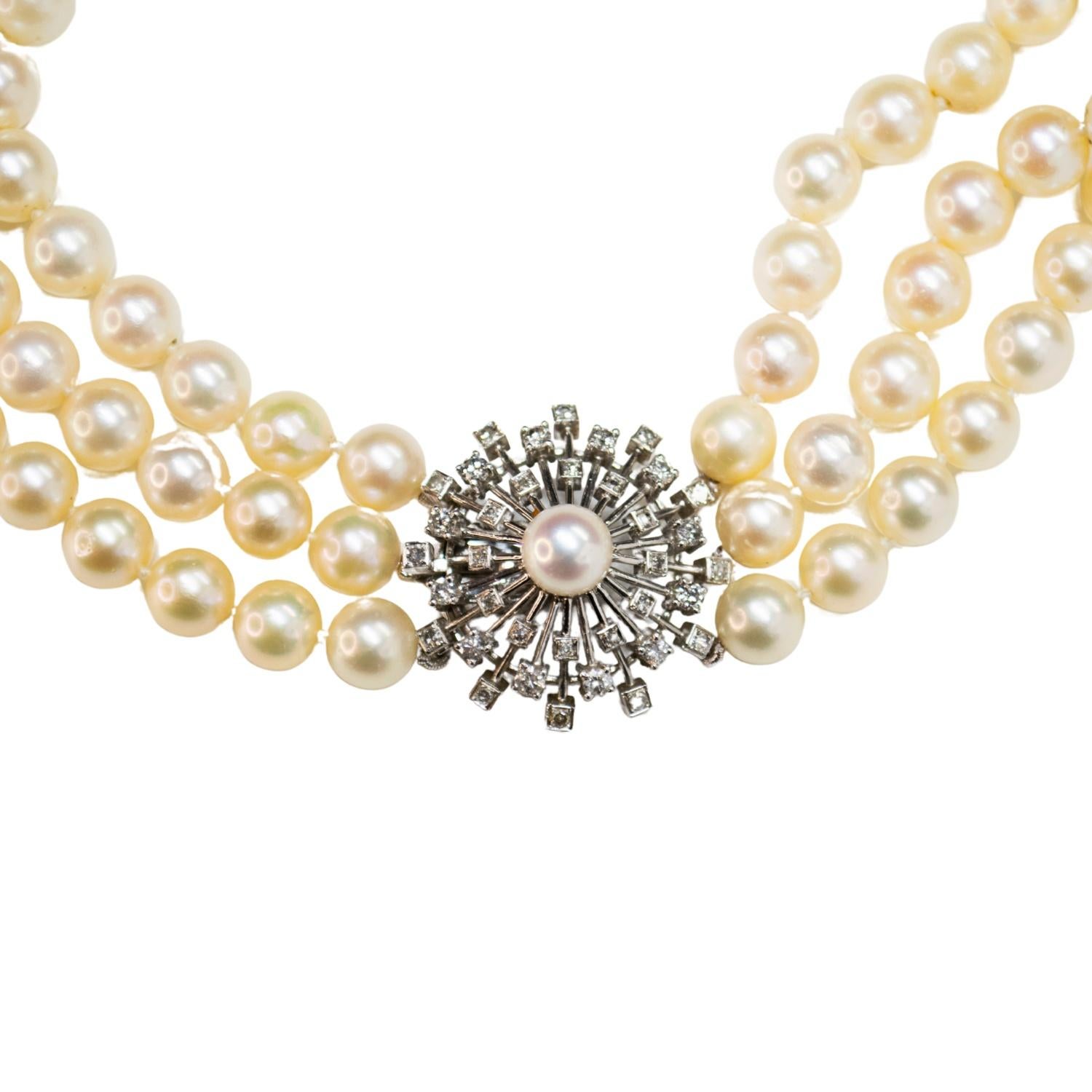 1950 Contemporary Design – 2.16 ct Diamonds & Cultured Pearls  Gold Necklace Contemporáneo en venta