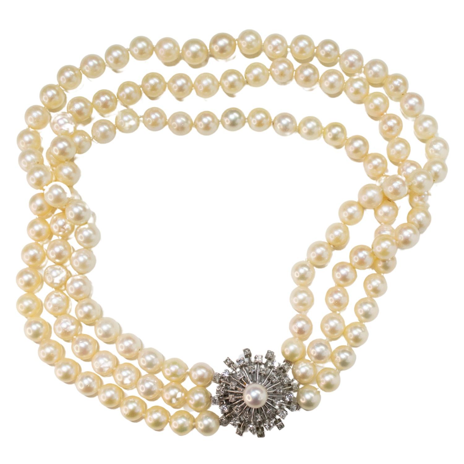 1950 Contemporary Design – 2.16 ct Diamonds & Cultured Pearls  Gold Necklace en Bueno estado para la venta en MADRID, ES