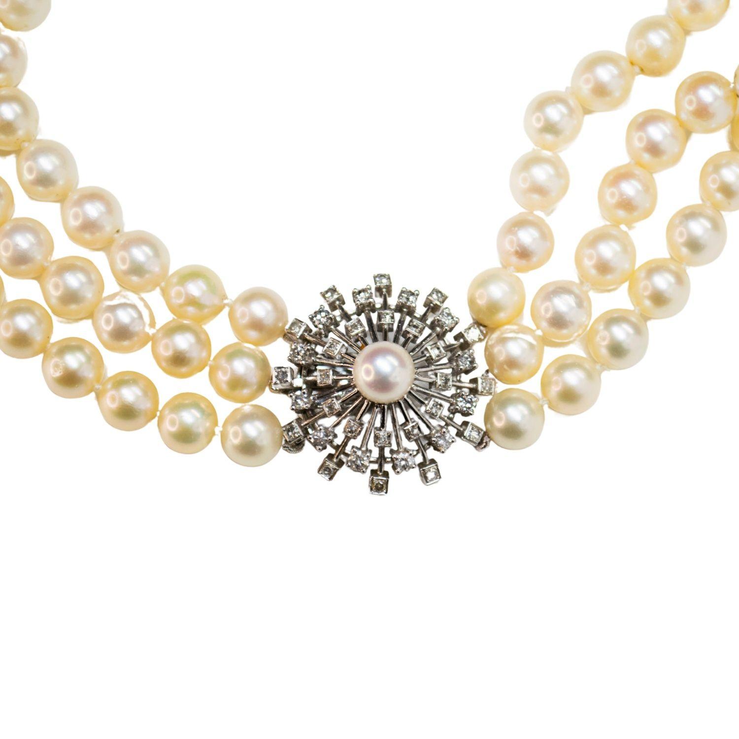 De las mujeres 1950 Contemporary Design – 2.16 ct Diamonds & Cultured Pearls  Gold Necklace en venta
