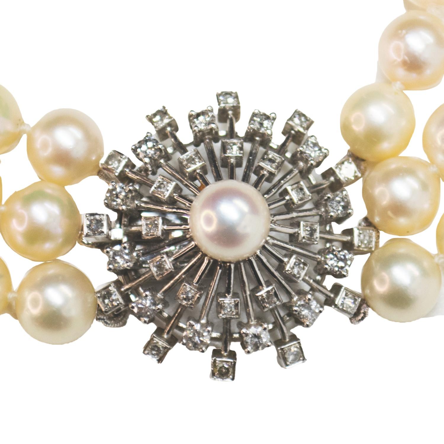 1950 Contemporary Design – 2.16 ct Diamonds & Cultured Pearls  Gold Necklace en venta 1