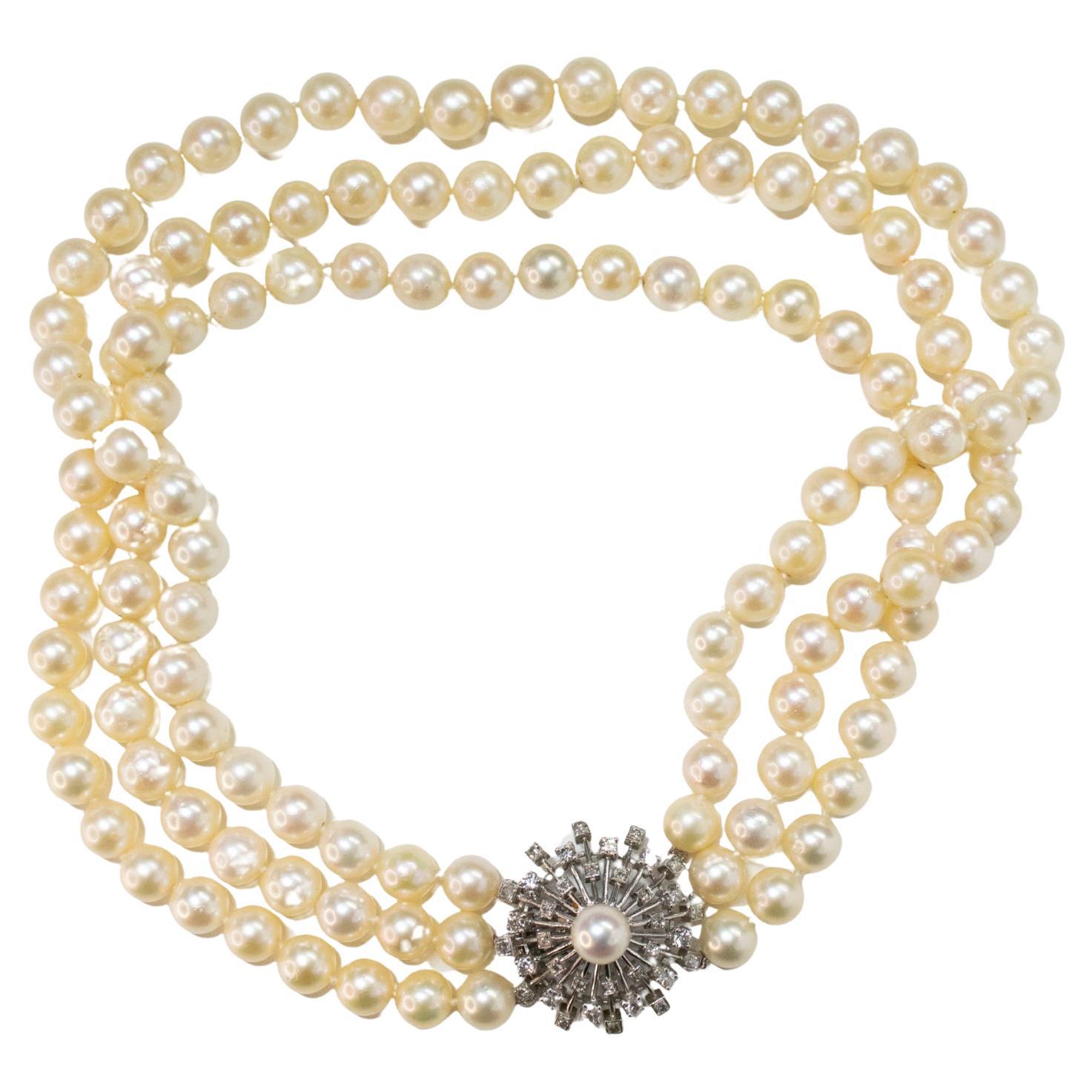1950 Contemporary Design – 2.16 ct Diamonds & Cultured Pearls  Gold Necklace en venta
