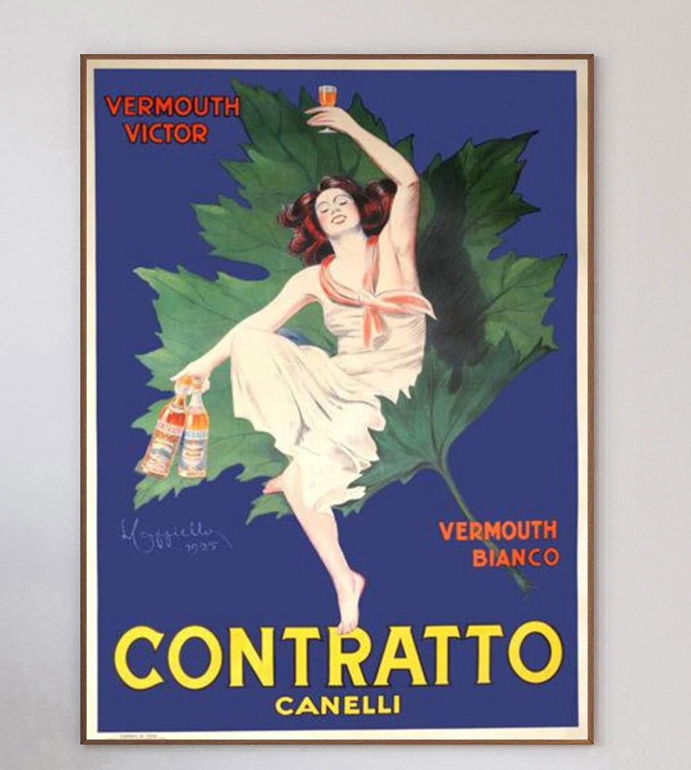 Founded in 1867 in Italy by Giuseppe Contratto, Contratto began as a winery before producing vermouths and liqueurs in 1920. This stunning extra-large poster features artwork from Leonetto Cappiello and depicts a woman in a leaf with the Vermouth,