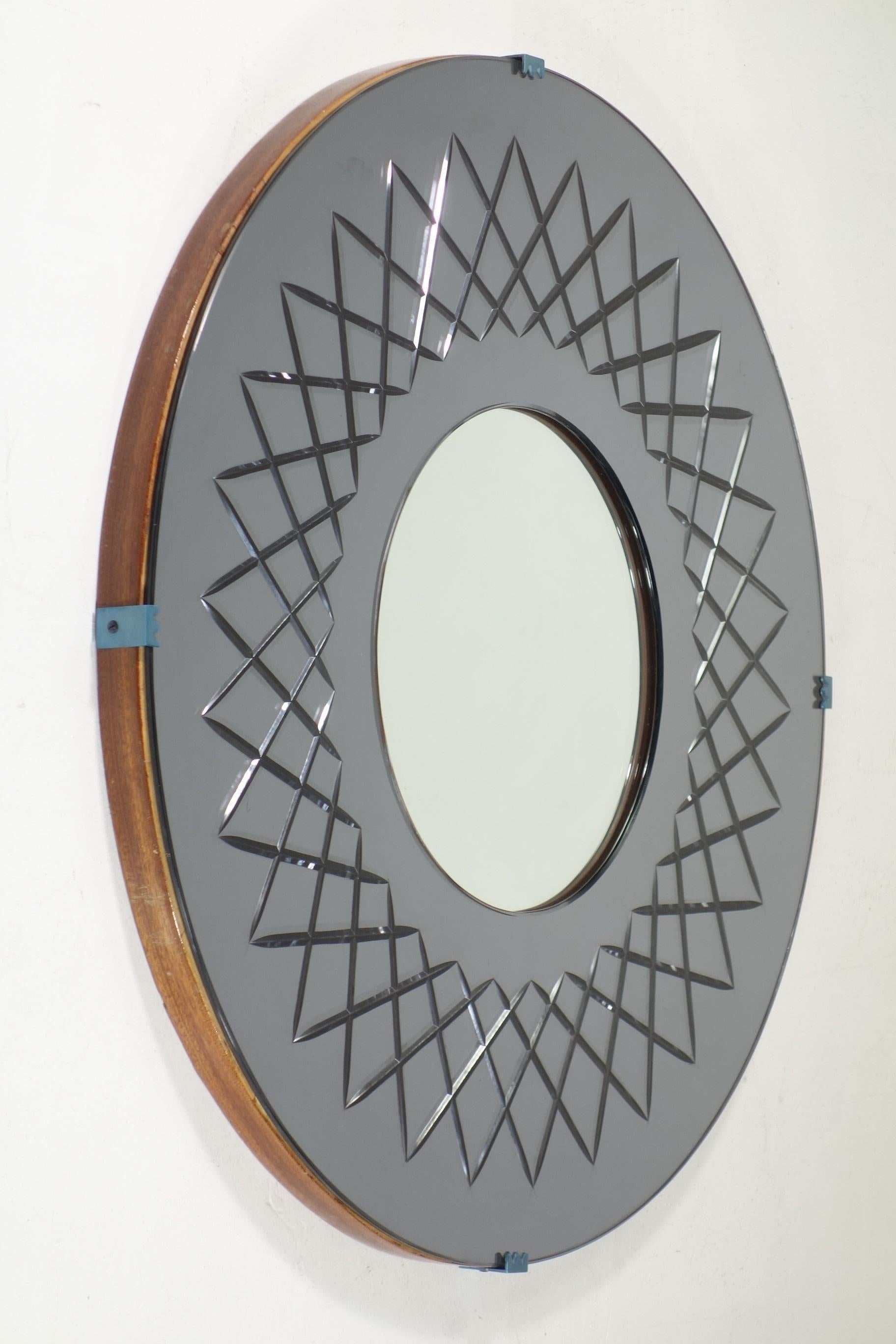 Mid-Century moderno 1950 CristalArt Design Italiano di metà secolo in stile Fontana Arte Specchio da parete rotondo in vendita