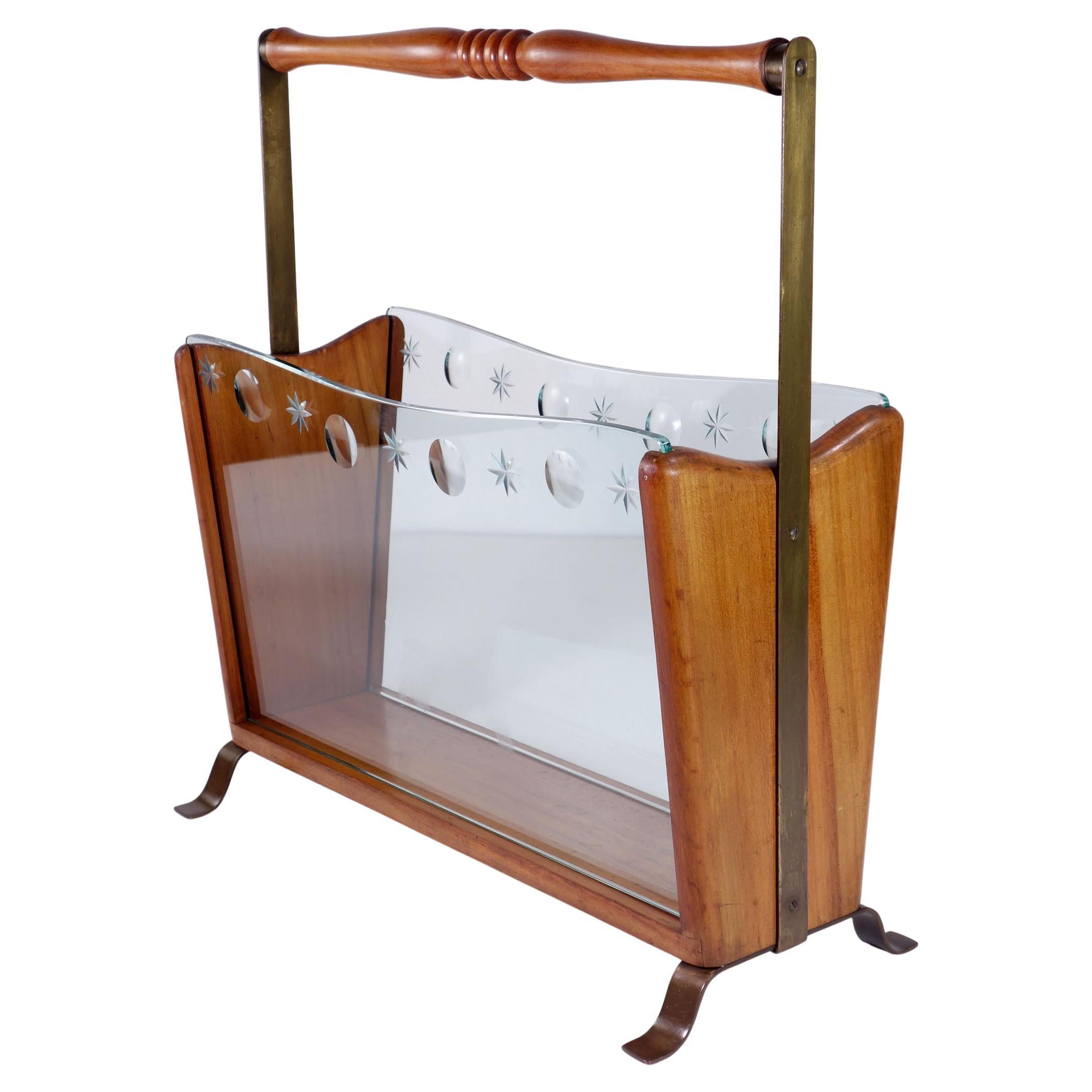 1950 Cristal-Art MidCentury Italienisches Design Holz Glas Zeitschriftenständer im Angebot