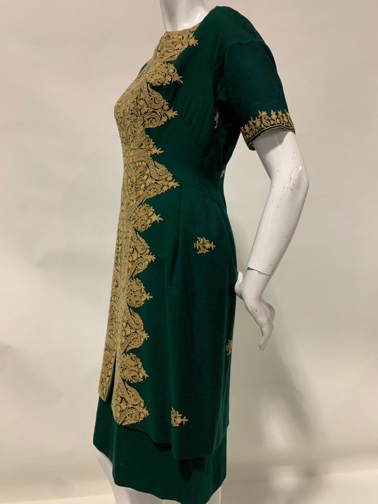 1950 Custom Made Hunter Green Crewel Cord Embroidered Wool Dress Size 10 For Sale 5