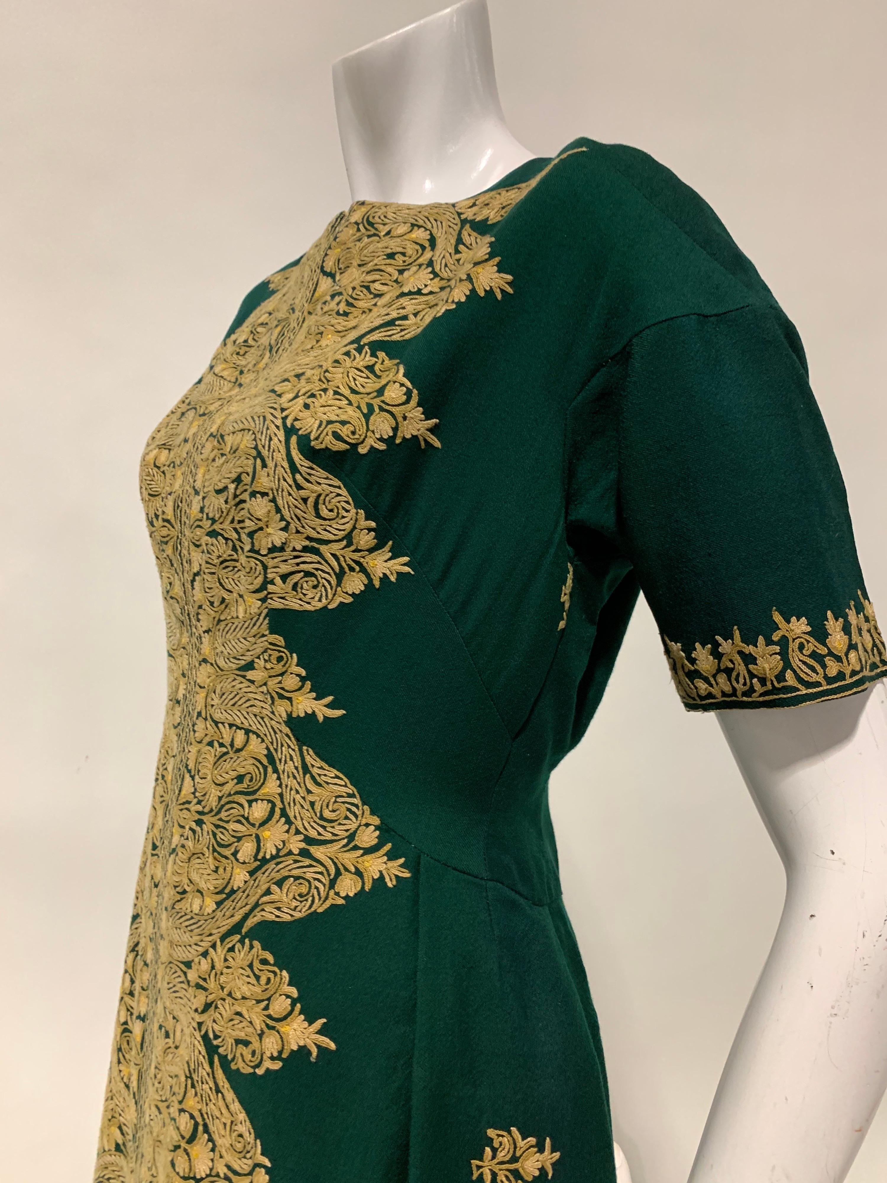1950 Custom Made Hunter Green Crewel Cord Embroidered Wool Dress Size 10 For Sale 6