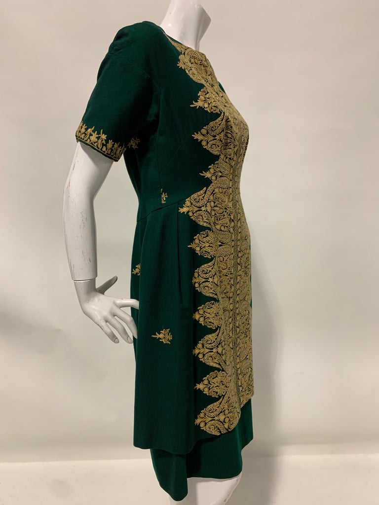Women's 1950 Custom Made Hunter Green Crewel Cord Embroidered Wool Dress Size 10 For Sale