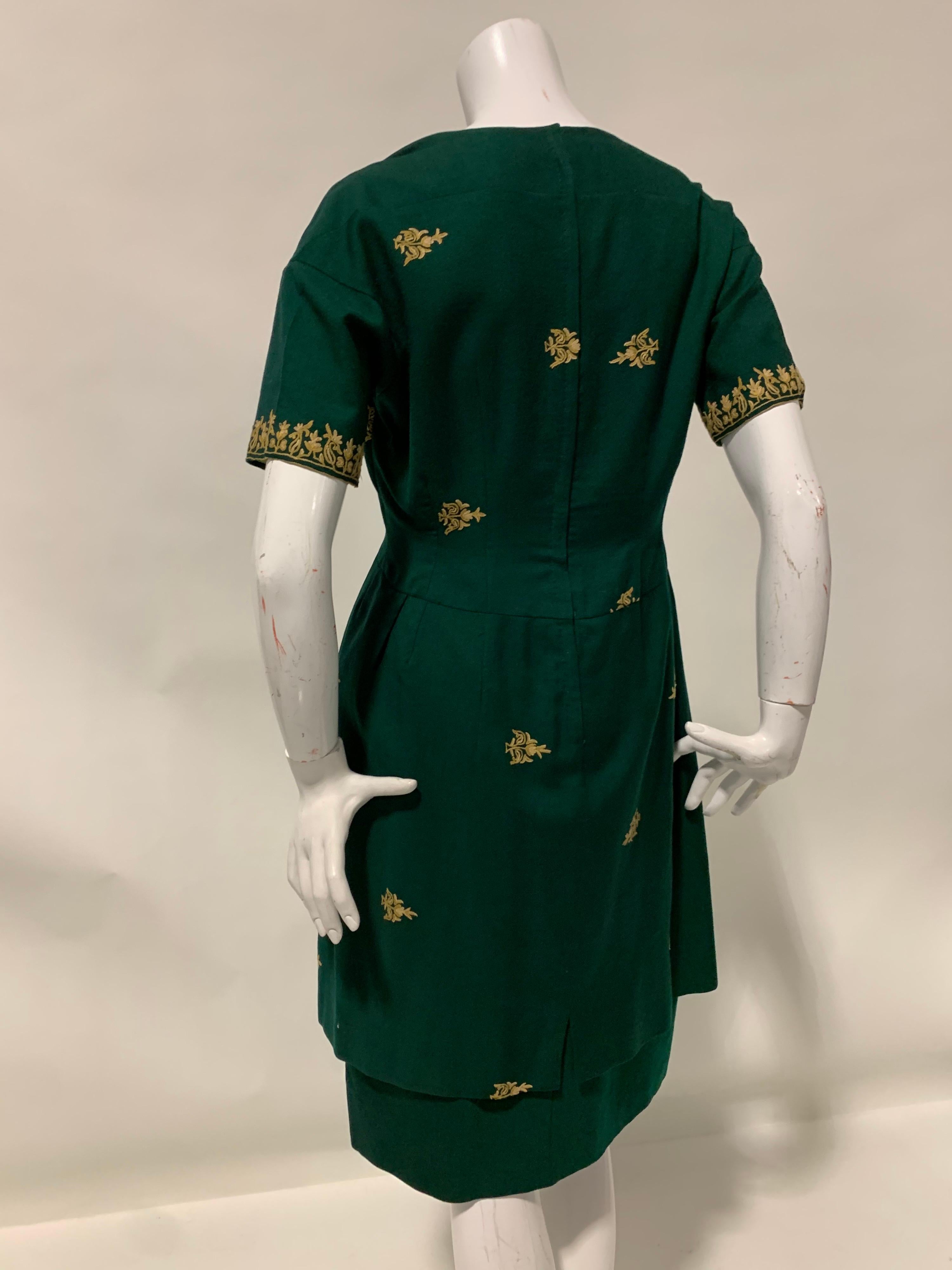 1950 Custom Made Hunter Green Crewel Cord Embroidered Wool Dress Size 10 For Sale 3