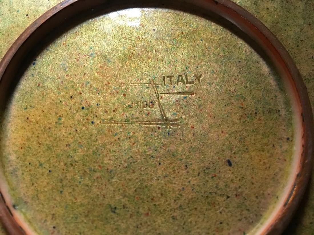 1950, Del Campo Italian Copper Green Blue Brown Enameled Abstract Design Bowl 4