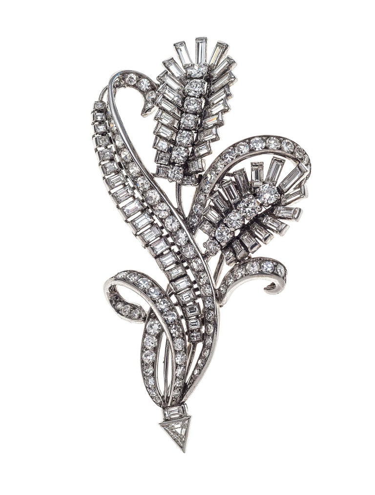 1950 Demi Parure Diamond Platinum Flowers Earrings Earclips Dress Clip ...
