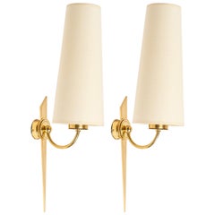 1950 Pair of wall lights from Maison Arlus in gilded bronze and brass.