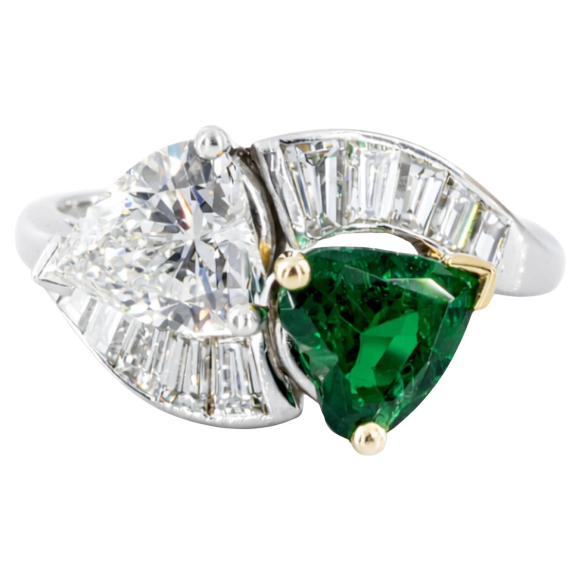 1950 Emerald and Diamond Bypass Ring For Sale