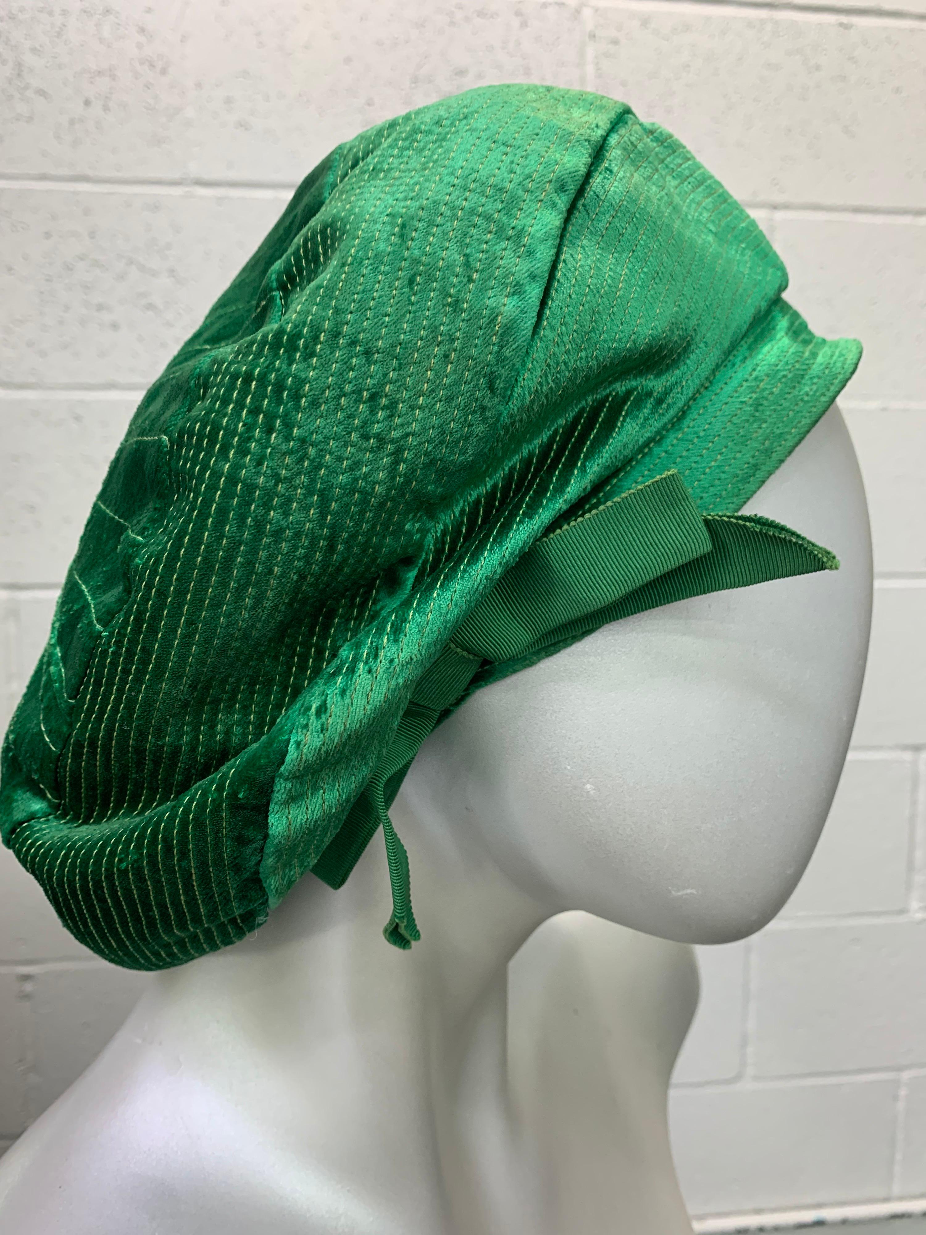 1950 Emerald Green Silk Panne Velvet Trapunto Stitch Tam Style Hat For Sale 4