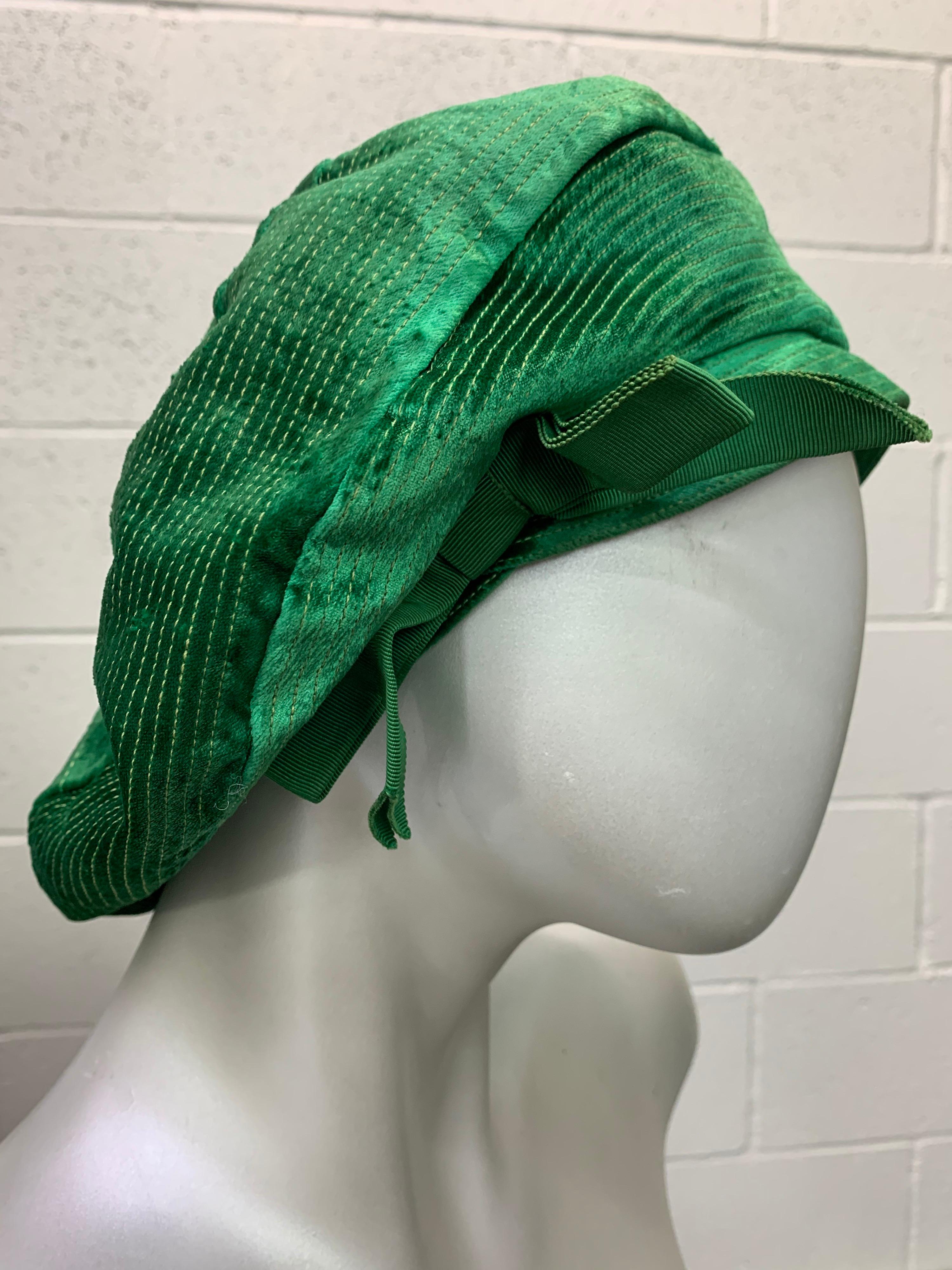 1950 Emerald Green Silk Panne Velvet Trapunto Stitch Tam Style Hat For Sale 5