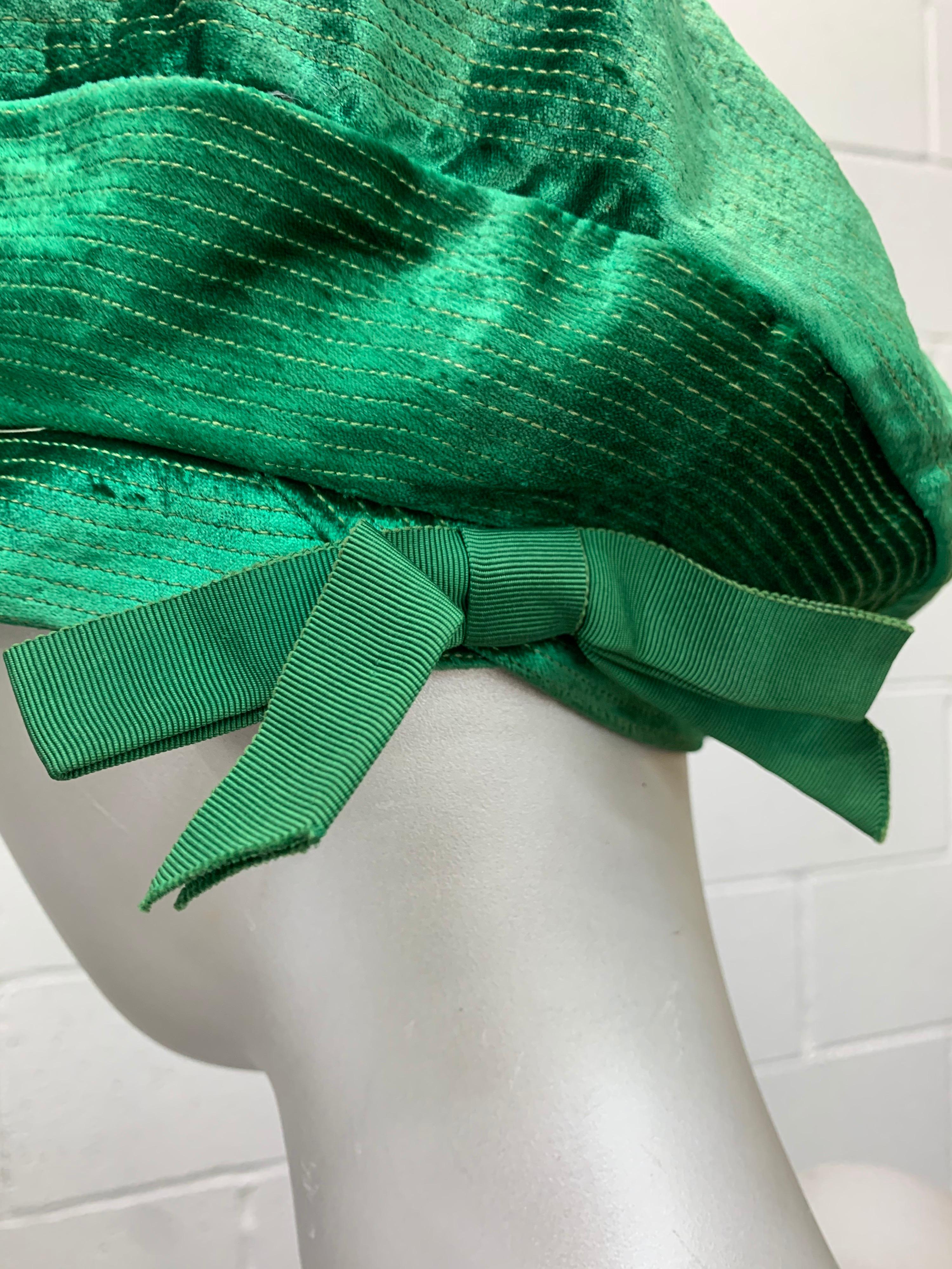 1950 Emerald Green Silk Panne Velvet Trapunto Stitch Tam Style Hat For Sale 1