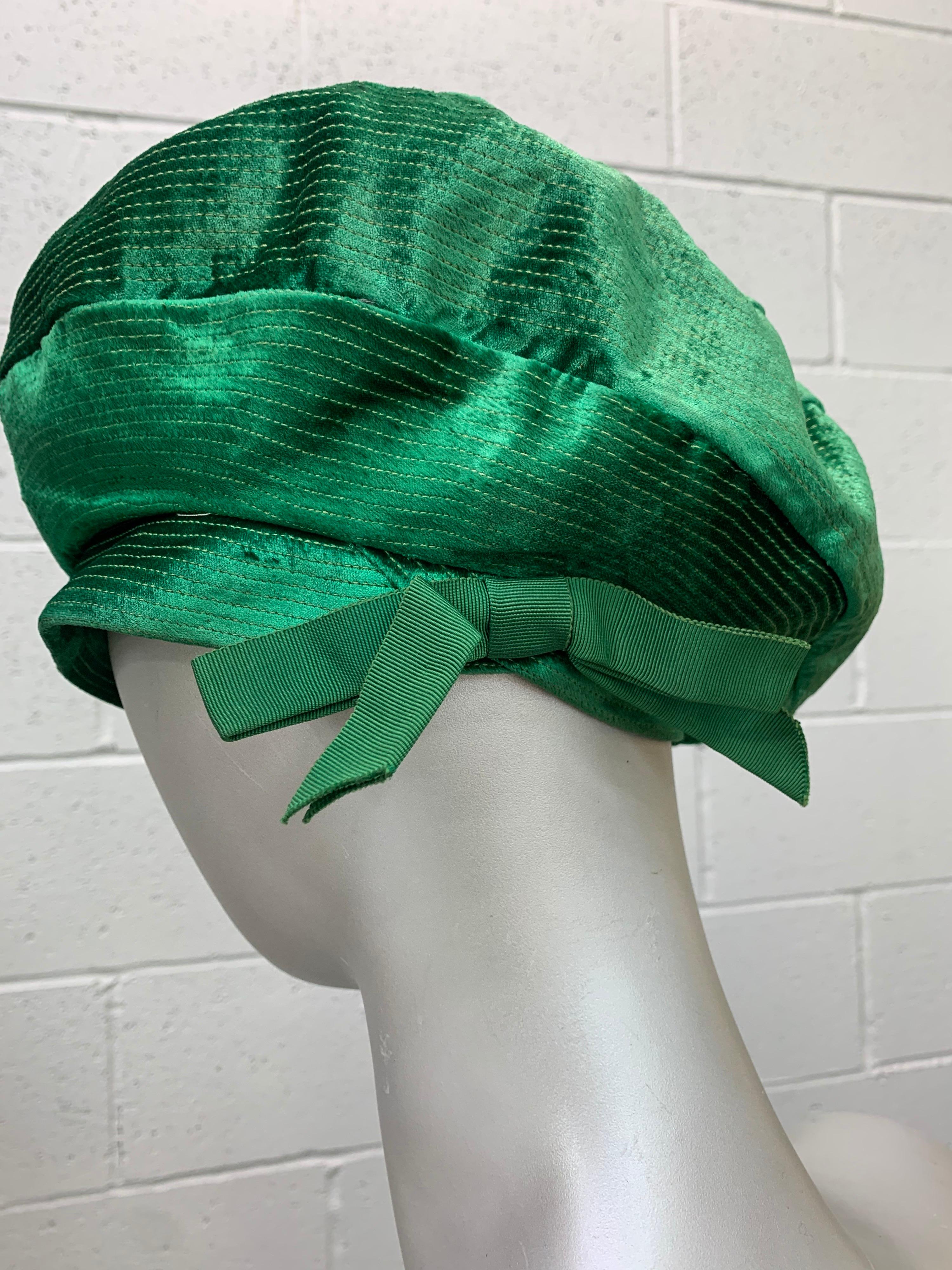1950 Emerald Green Silk Panne Velvet Trapunto Stitch Tam Style Hat For Sale 2