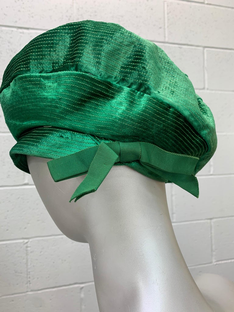 1950 Emerald Green Silk Panne Velvet Trapunto Stitch Tam Style Hat For Sale 5