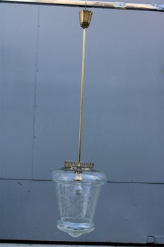 Lanterna in cristallo inciso del 1950 con parti in ottone dorato – Design italiano