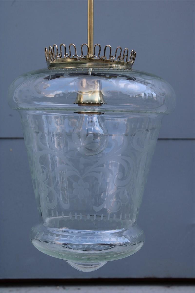 1950 Engraved Crystal Lantern and Gold Brass Parts Italian Design For Sale 2