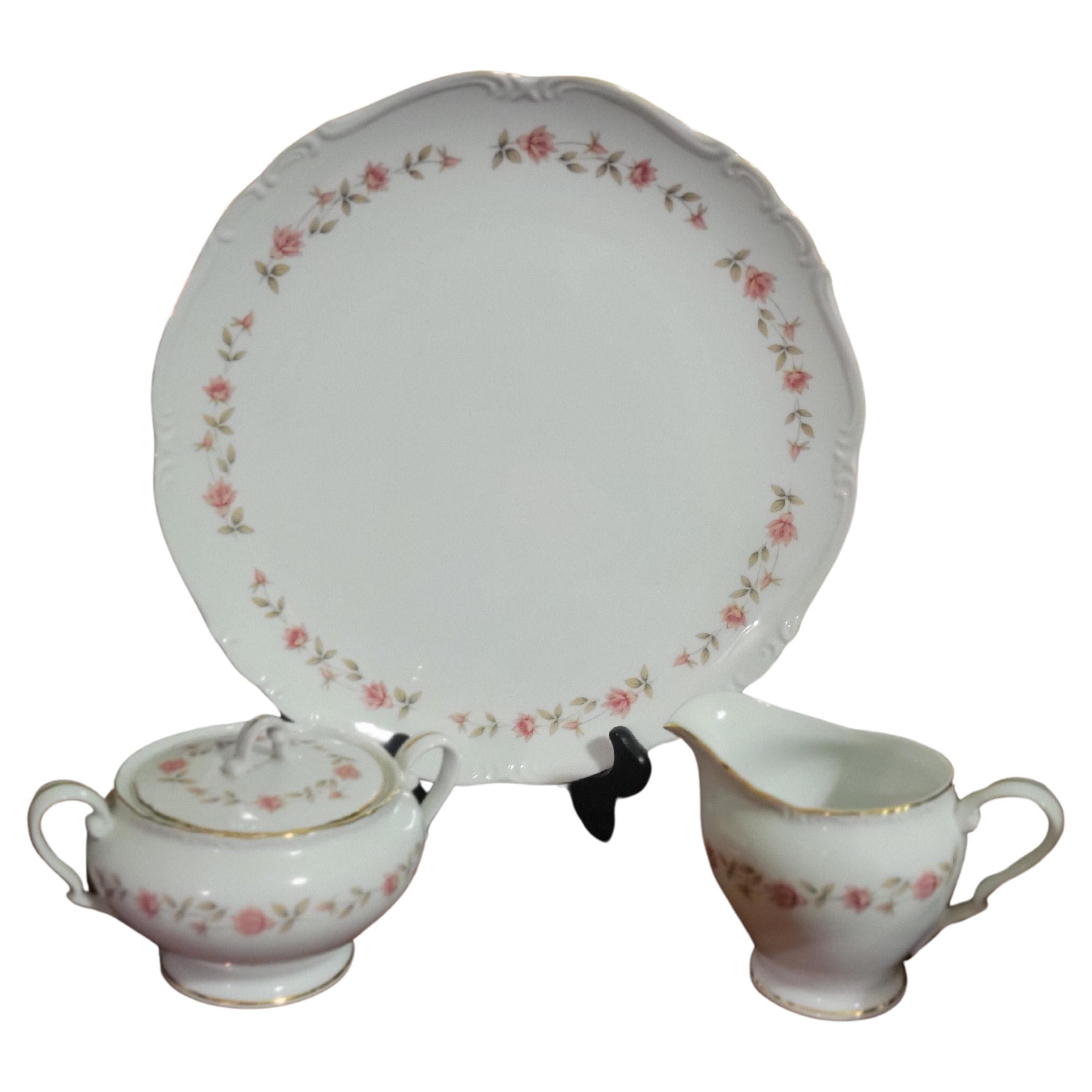 Vintage, Eternal Rose dining set. Made is Japan. 
The set consists of:
8 tea cups, 
8 saucers, 
8 snack plates - 7.5
