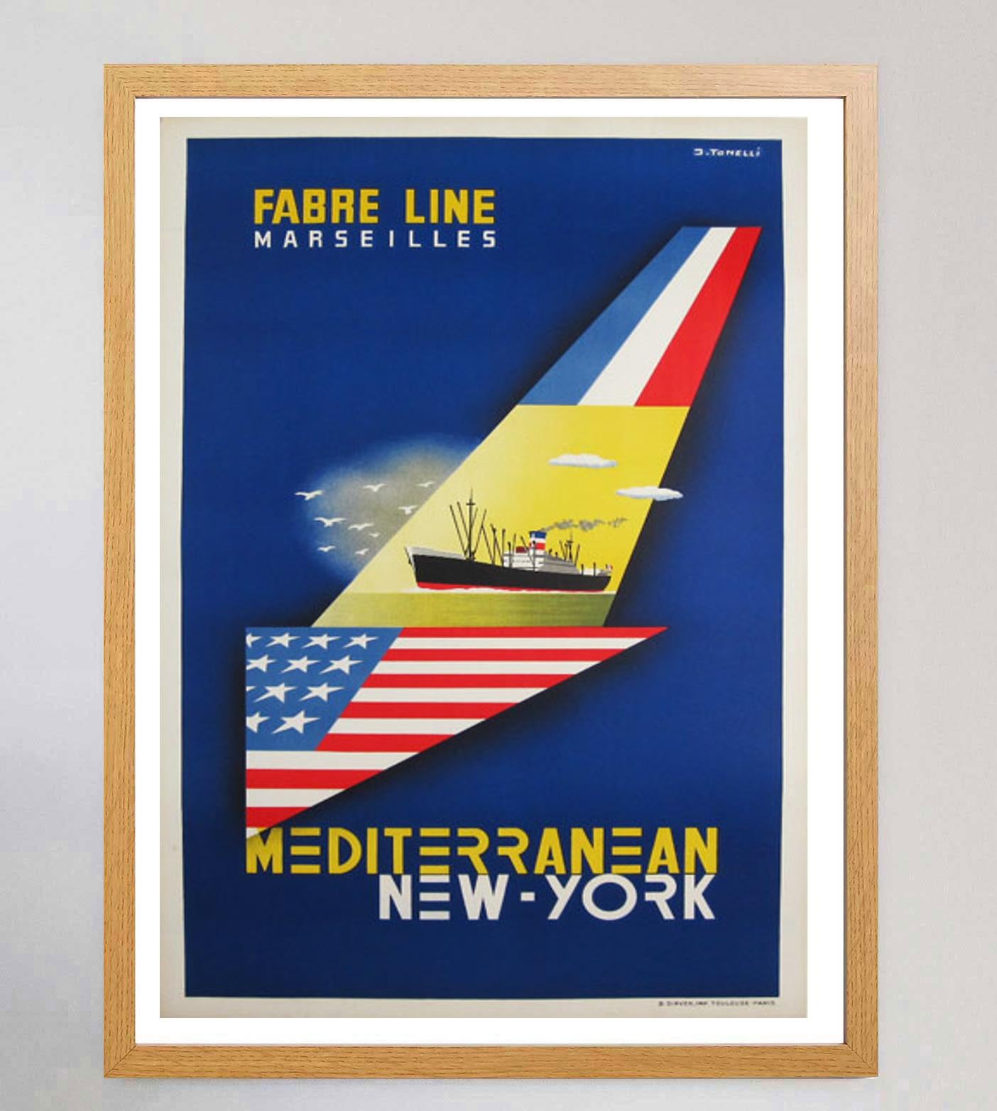 Français Affiche vintage originale Fabre Line, Méditerranéenne New York, 1950 en vente