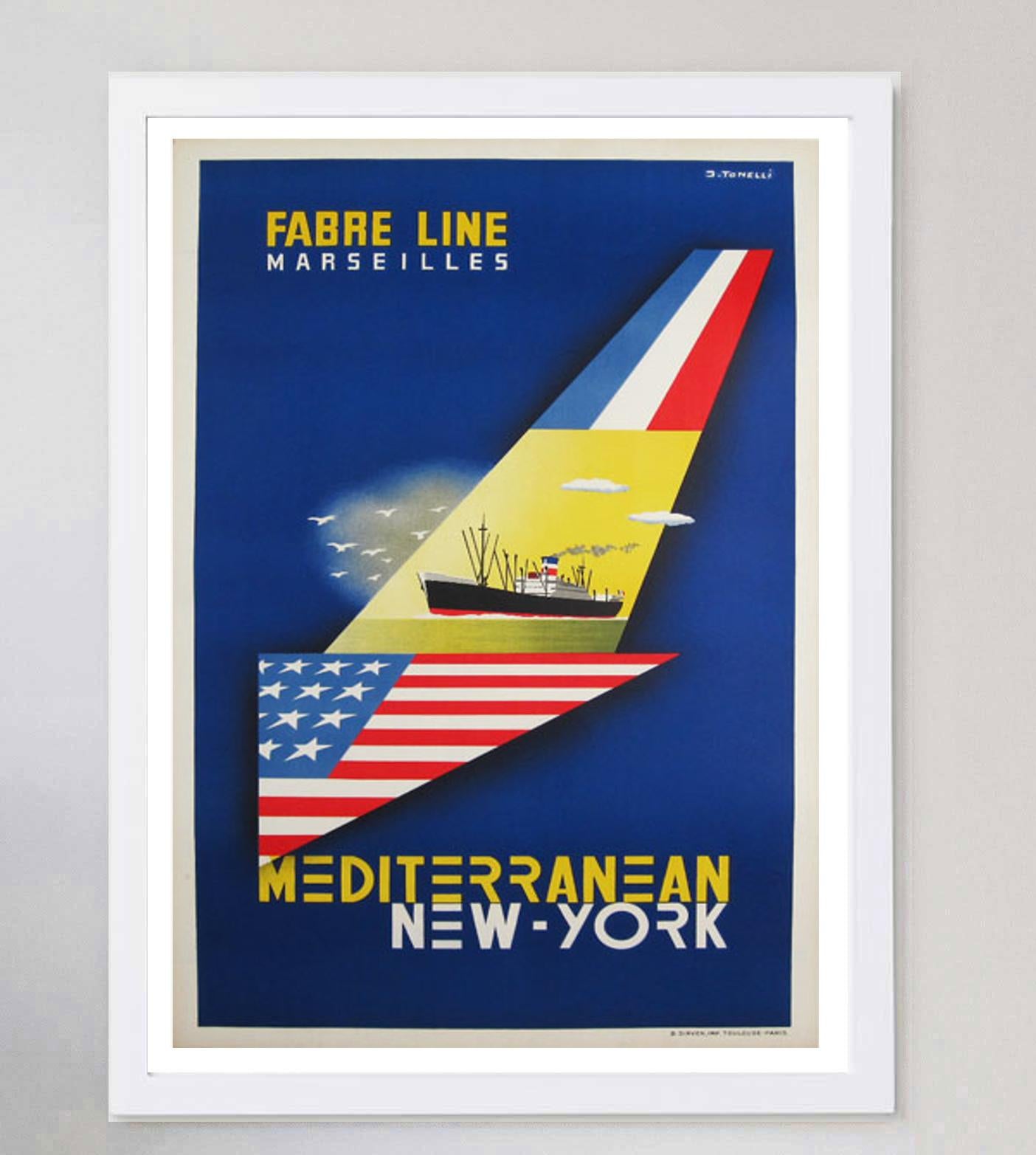 French 1950 Fabre Line, Mediterranean New York Original Vintage Poster For Sale