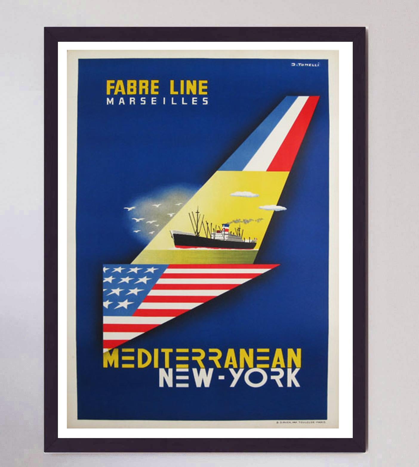 Original-Vintage-Poster, Fabre Line, Mediterranean New York, 1950 (Mitte des 20. Jahrhunderts) im Angebot