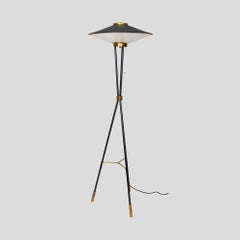 1950 Stehleuchten Italian Design by Stilnovo Schwarzer Lack Runder cremefarbener Schirm