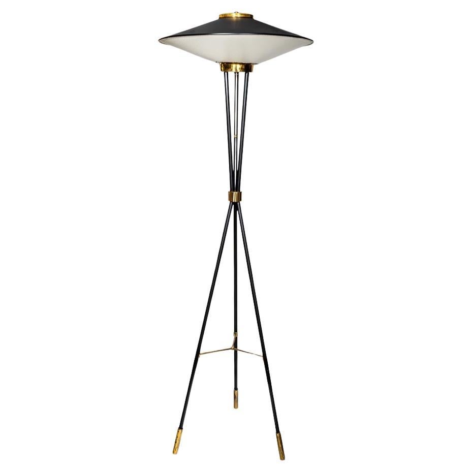 1950 Floor Lamps Italian Design by Stilnovo Black Lacquer Round Cream Shade