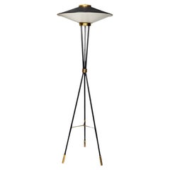 1950 Floor Lamps Italian Design by Stilnovo Black Lacquer Round Cream Shade