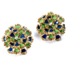 1950 Floral Dome Green and Blue Enamel Diamond 18K Gold Earrings