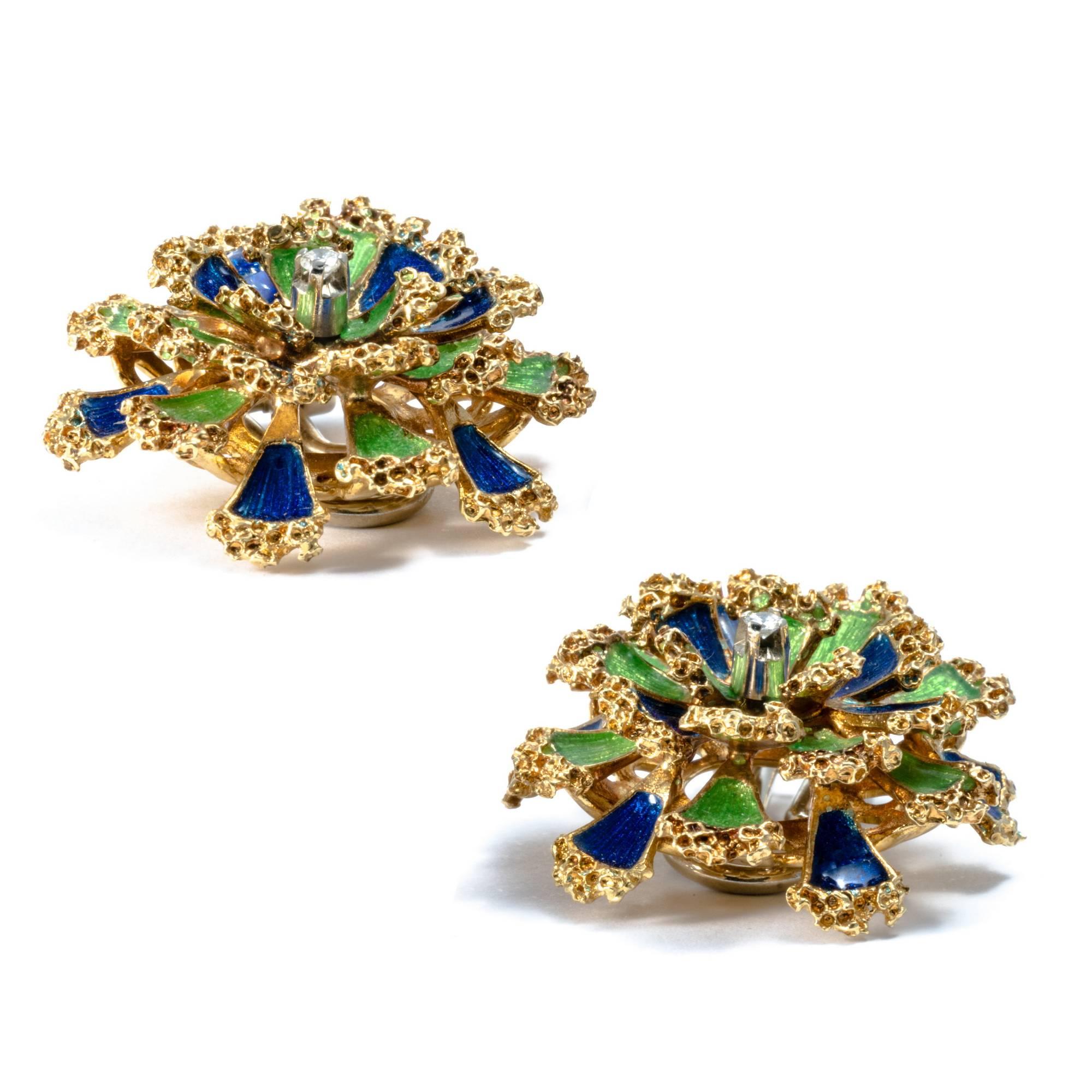 Women's 1950 Floral Dome Green and Blue Enamel Diamond 18K Gold Earrings For Sale
