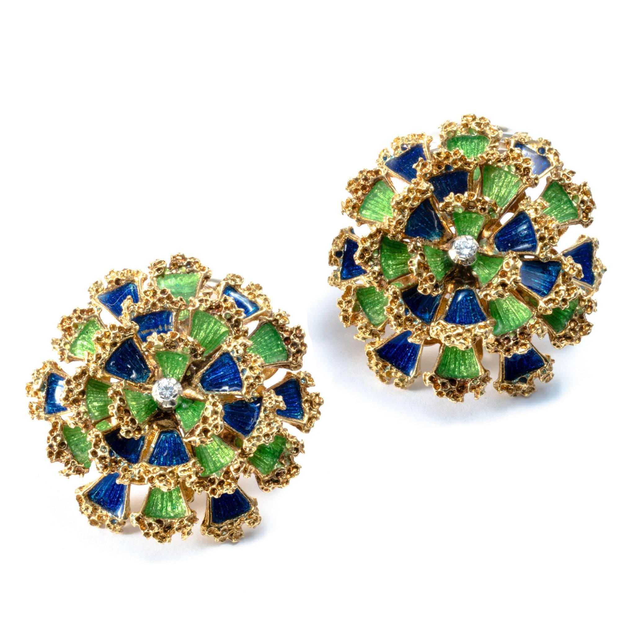 1950 Floral Dome Green and Blue Enamel Diamond 18K Gold Earrings For Sale 2