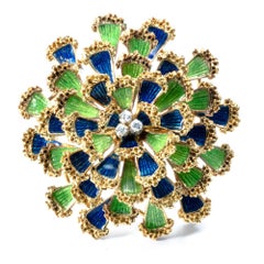 1950 Floral Dome Green and Blue Enamel Diamond 18K Gold Pendant Pin Brooch