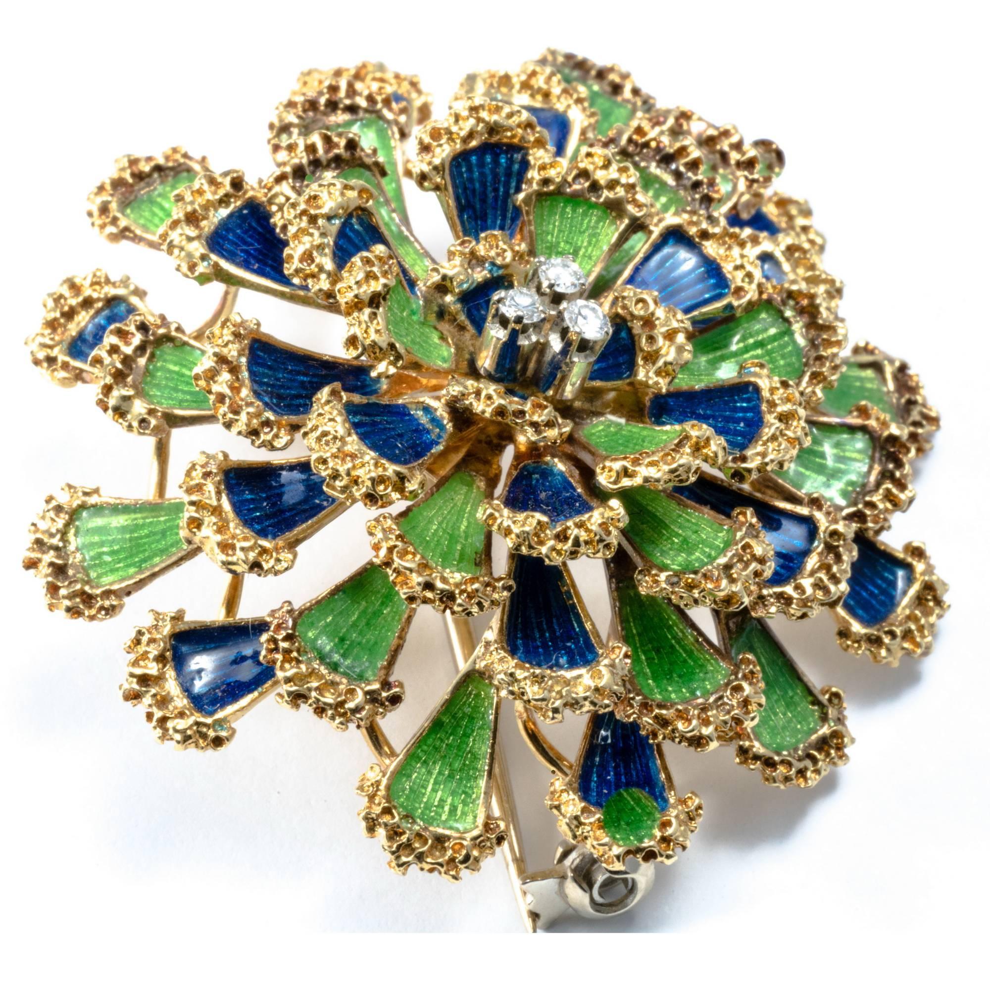 1950 Floral Dome Green and Blue Enamel Diamond 18K Gold Pendant Pin Brooch In Good Condition For Sale In Roma, IT