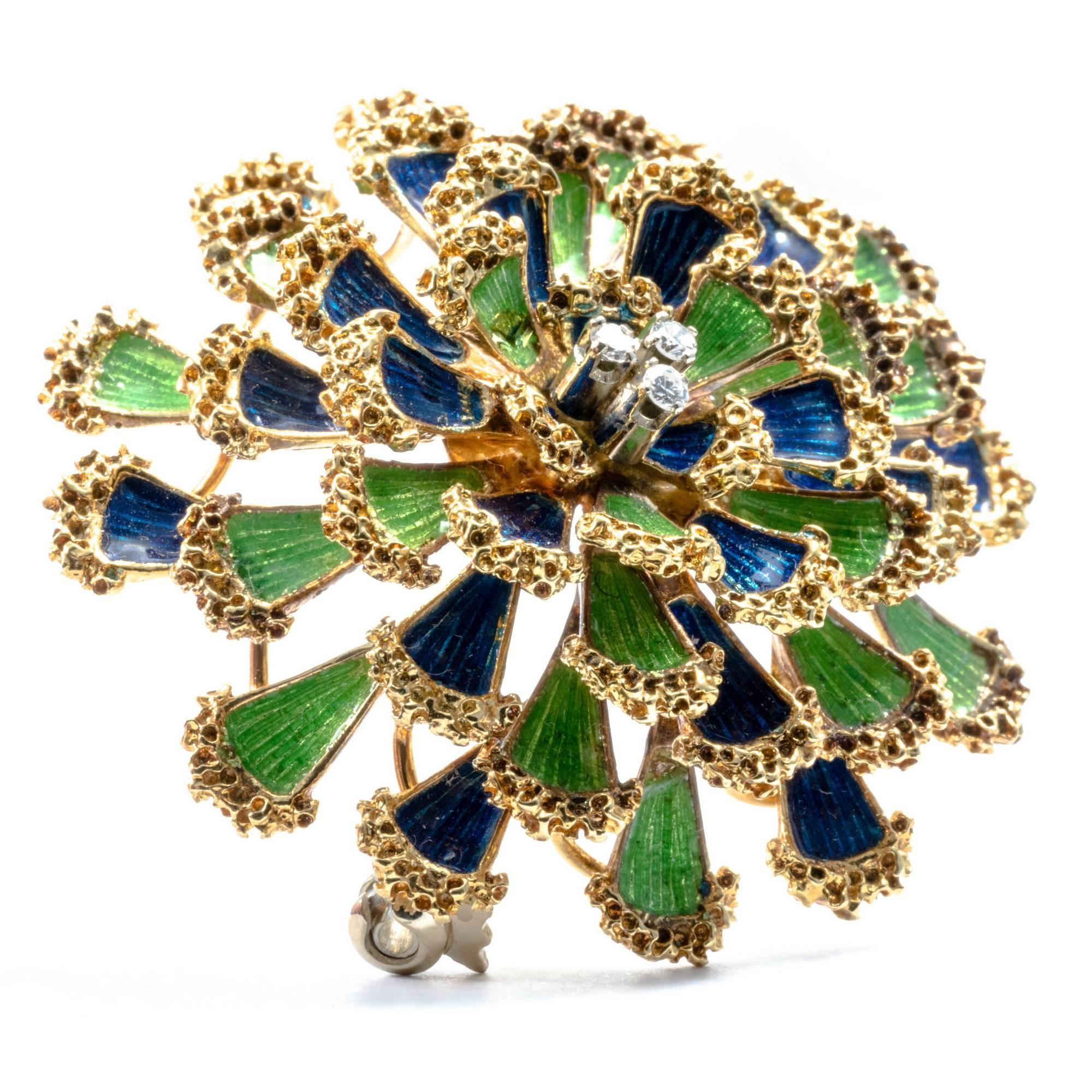 Women's or Men's 1950 Floral Dome Green and Blue Enamel Diamond 18K Gold Pendant Pin Brooch For Sale