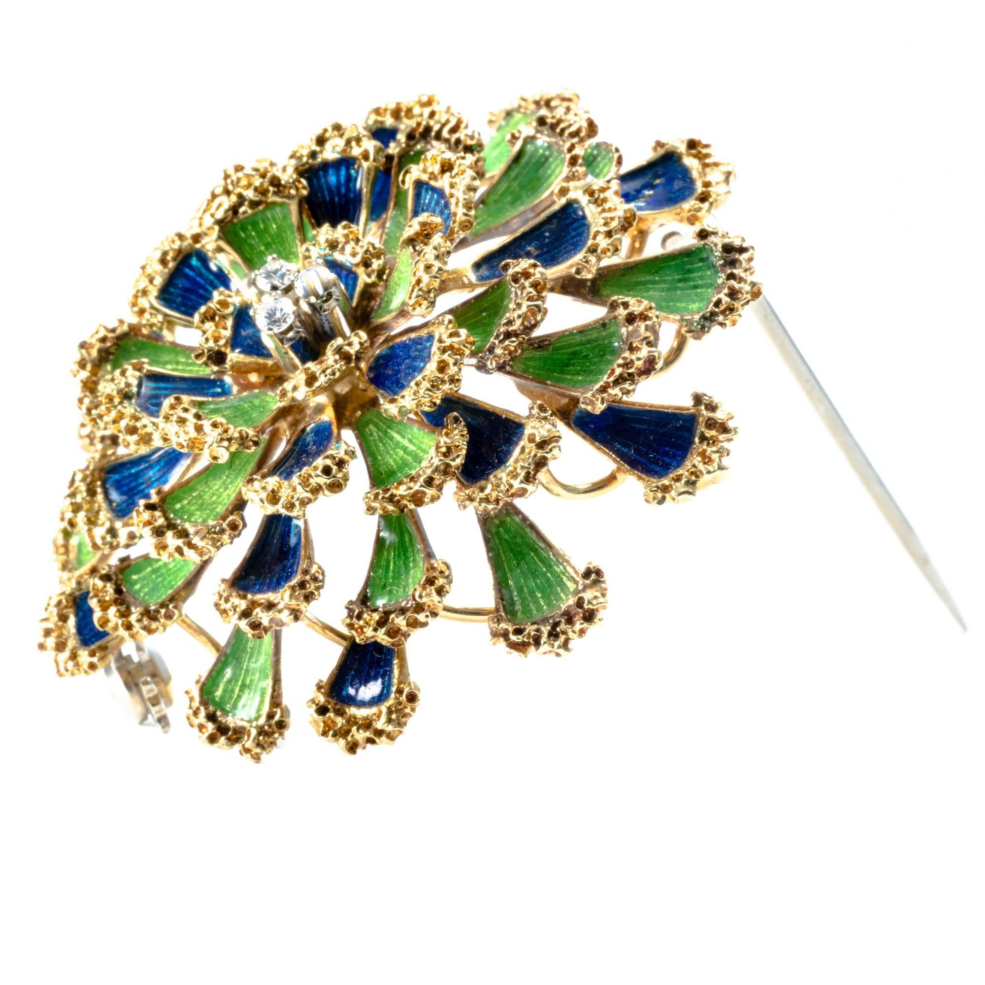 1950 Floral Dome Green and Blue Enamel Diamond 18K Gold Pendant Pin Brooch For Sale 1