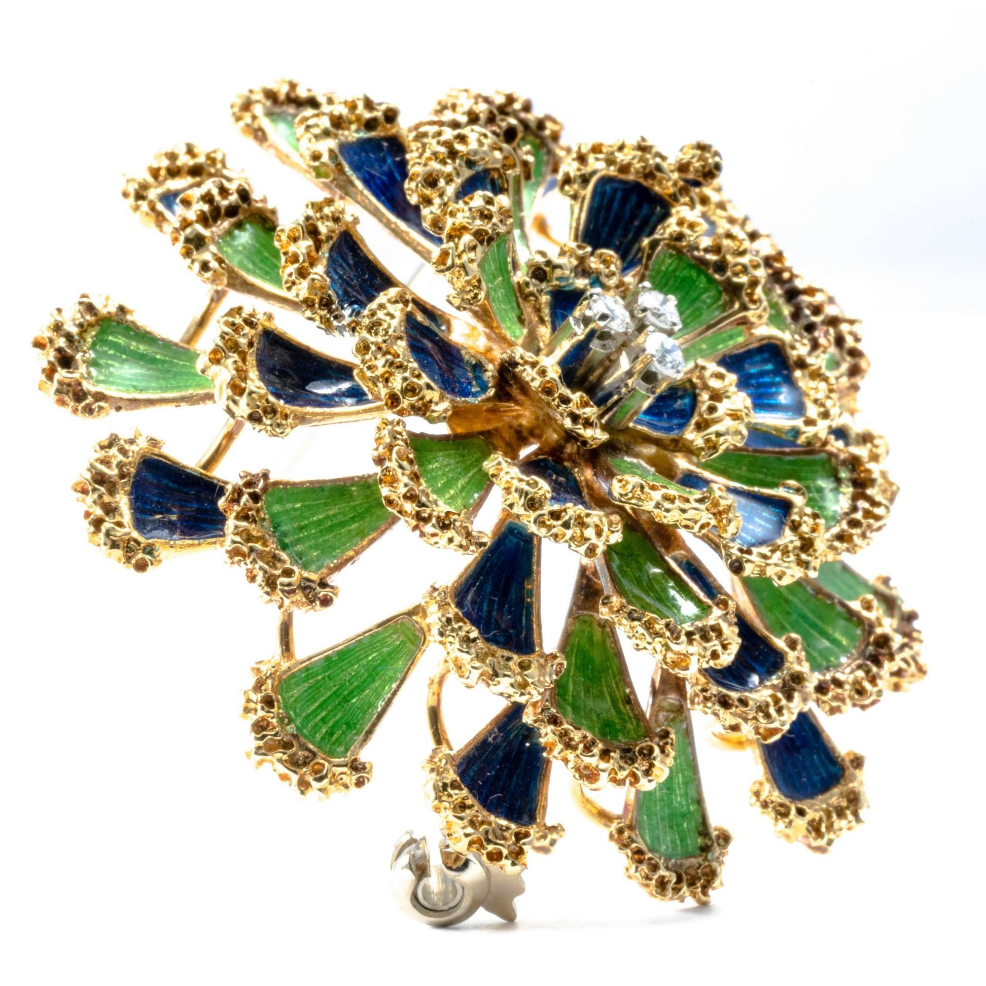 1950 Floral Dome Green and Blue Enamel Diamond 18K Gold Pendant Pin Brooch For Sale 2