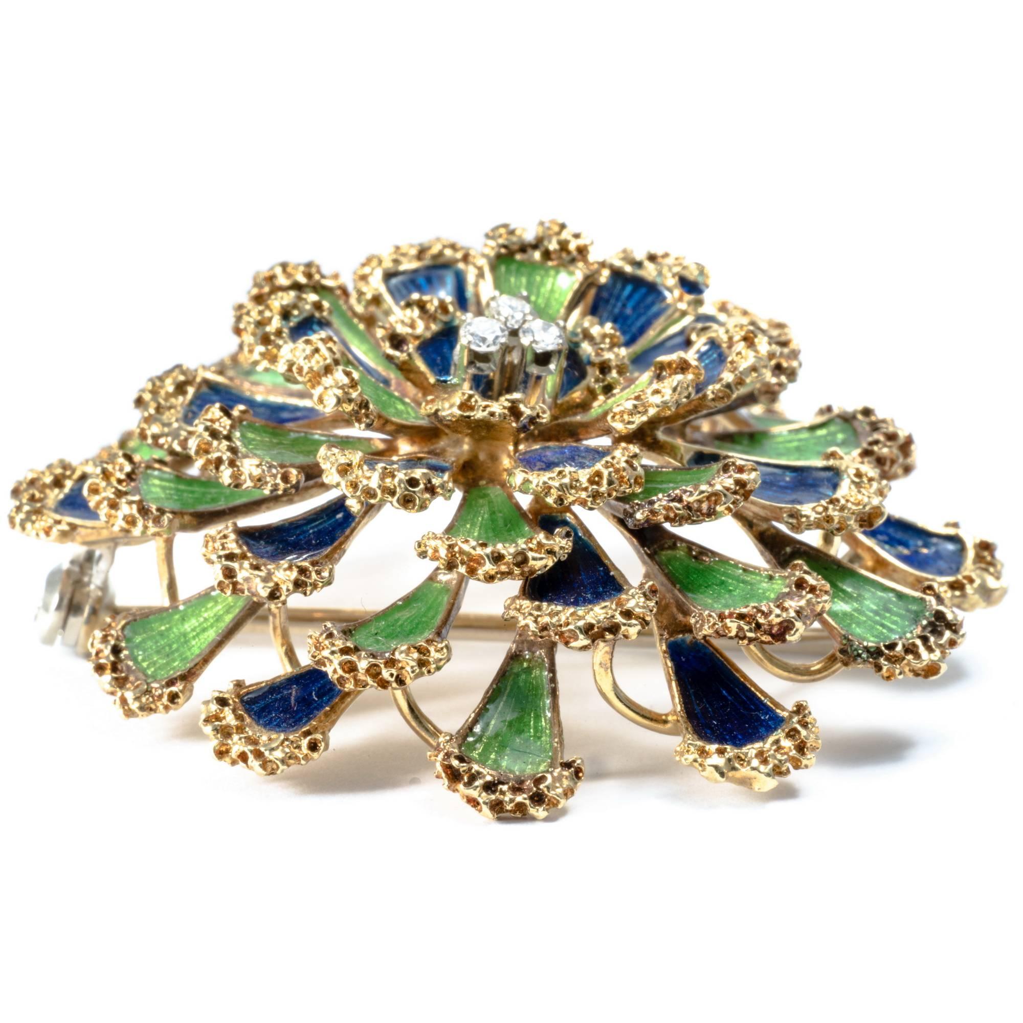 1950 Floral Dome Green and Blue Enamel Diamond 18K Gold Pendant Pin Brooch For Sale 4