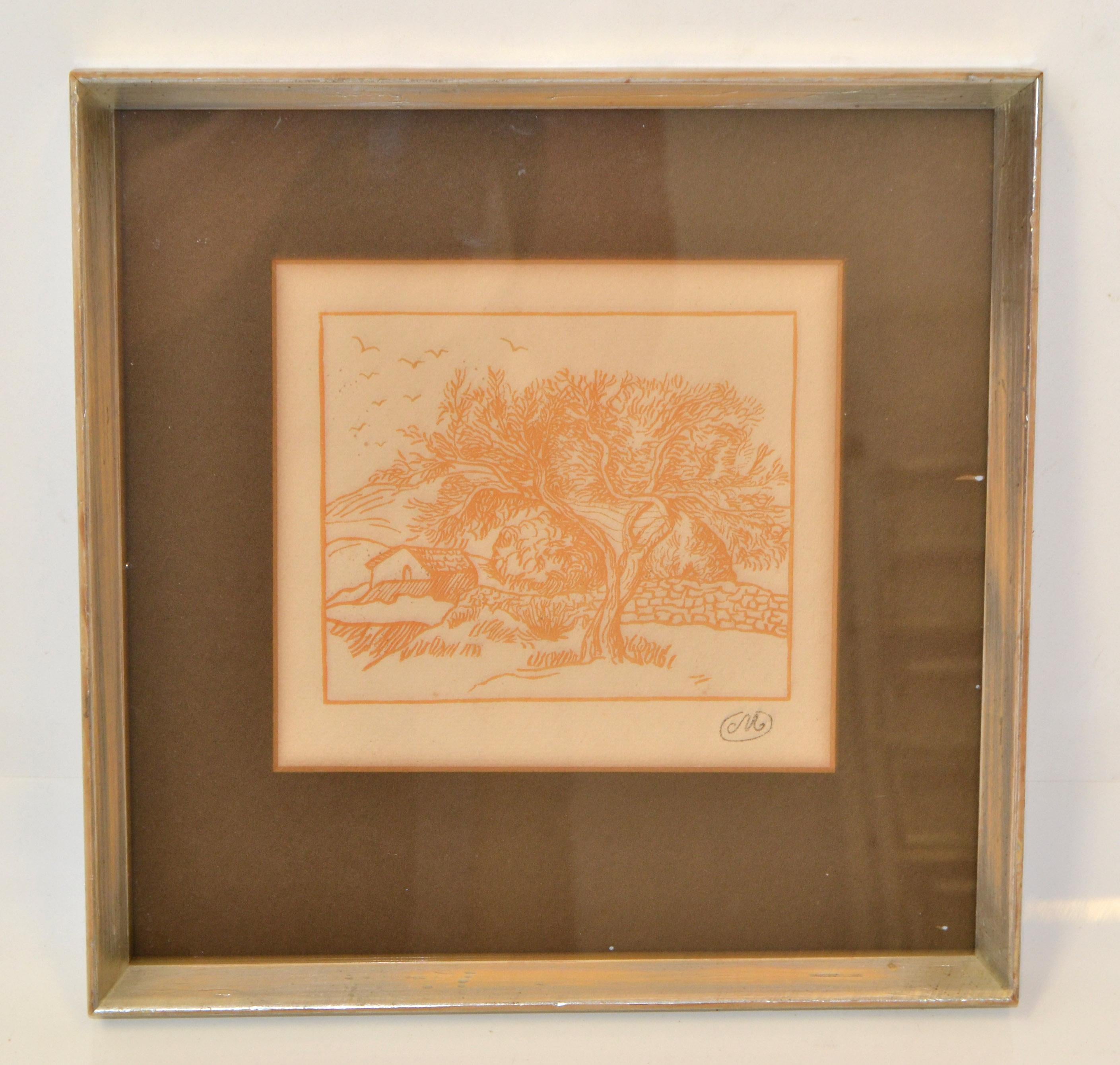 1950 Framed Print Marked M Landscape Scenery Orange Silver Wood Frame Distressed For Sale 4