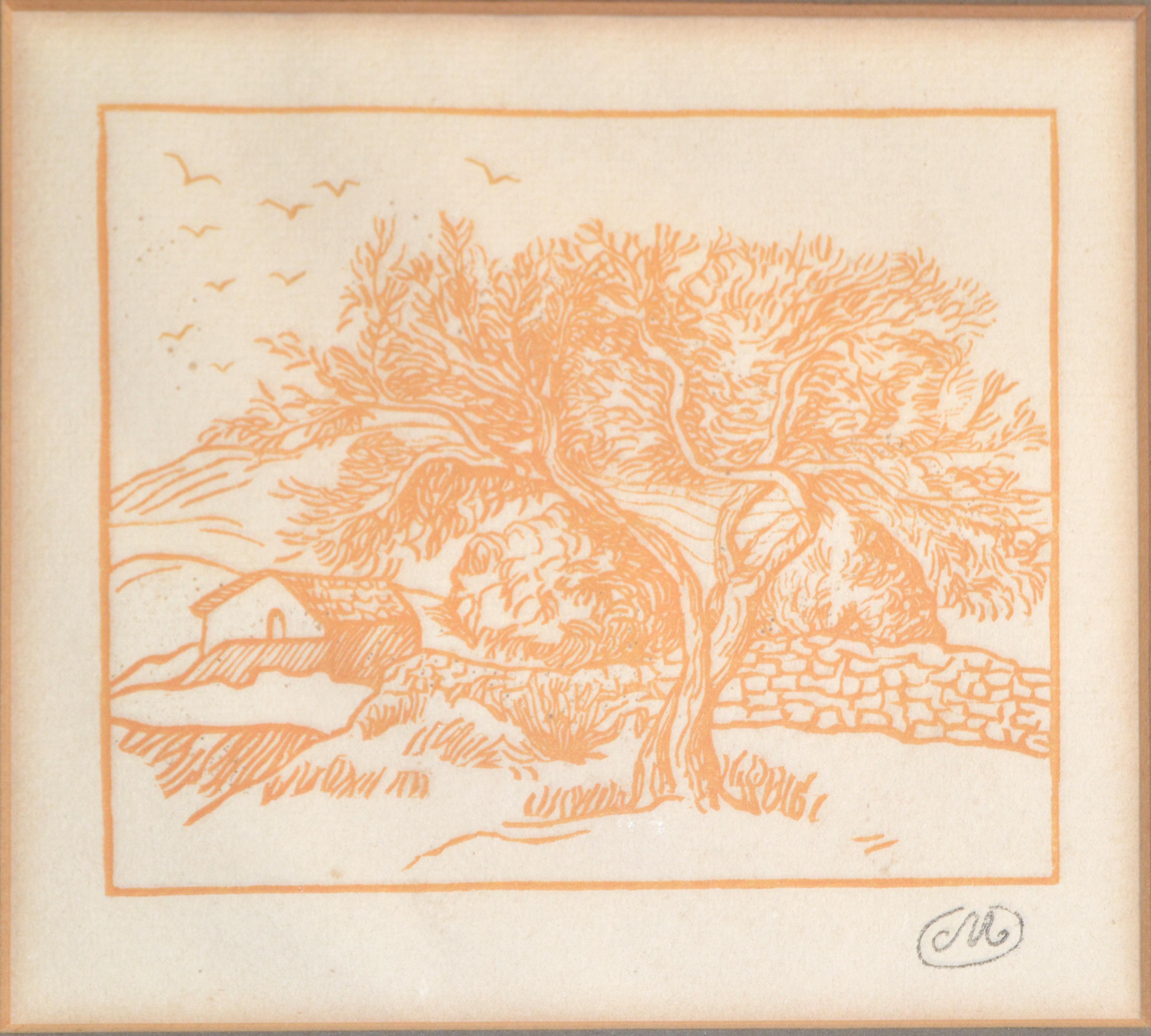 Stile Art Nouveau 1950 Stampa su carta pesante di colore marrone chiaro-arancione, raffigurante un paesaggio di campagna.
L'opera è incorniciata in una cornice di legno con finitura argentata e aspetto distorto.
Segno di stampa nell'angolo inferiore