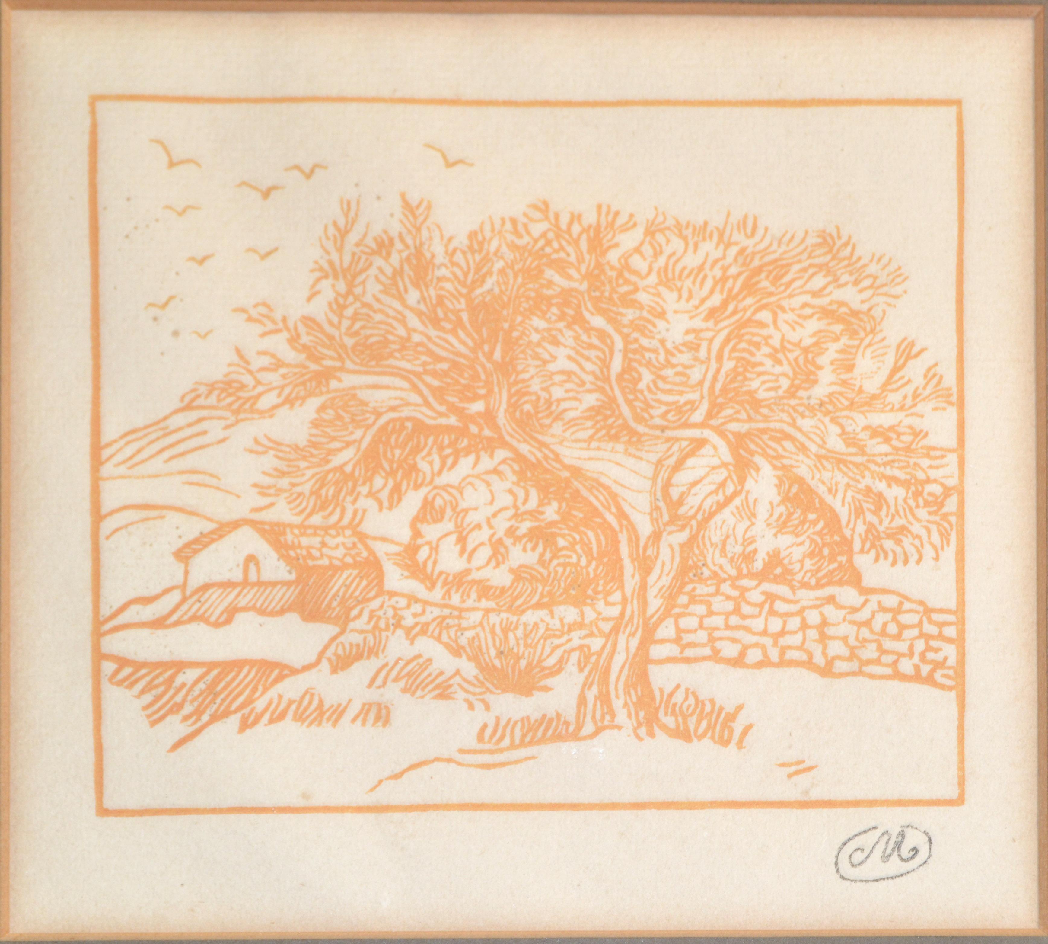 Art Nouveau Style 1950 Print on heavy paper in a Light brown-orangish Color, depicting a Landscape Scenery in the countryside.
The Art is framed in a wood Frame in a silver finish with distressed look.
Print mark at the right bottom corner,